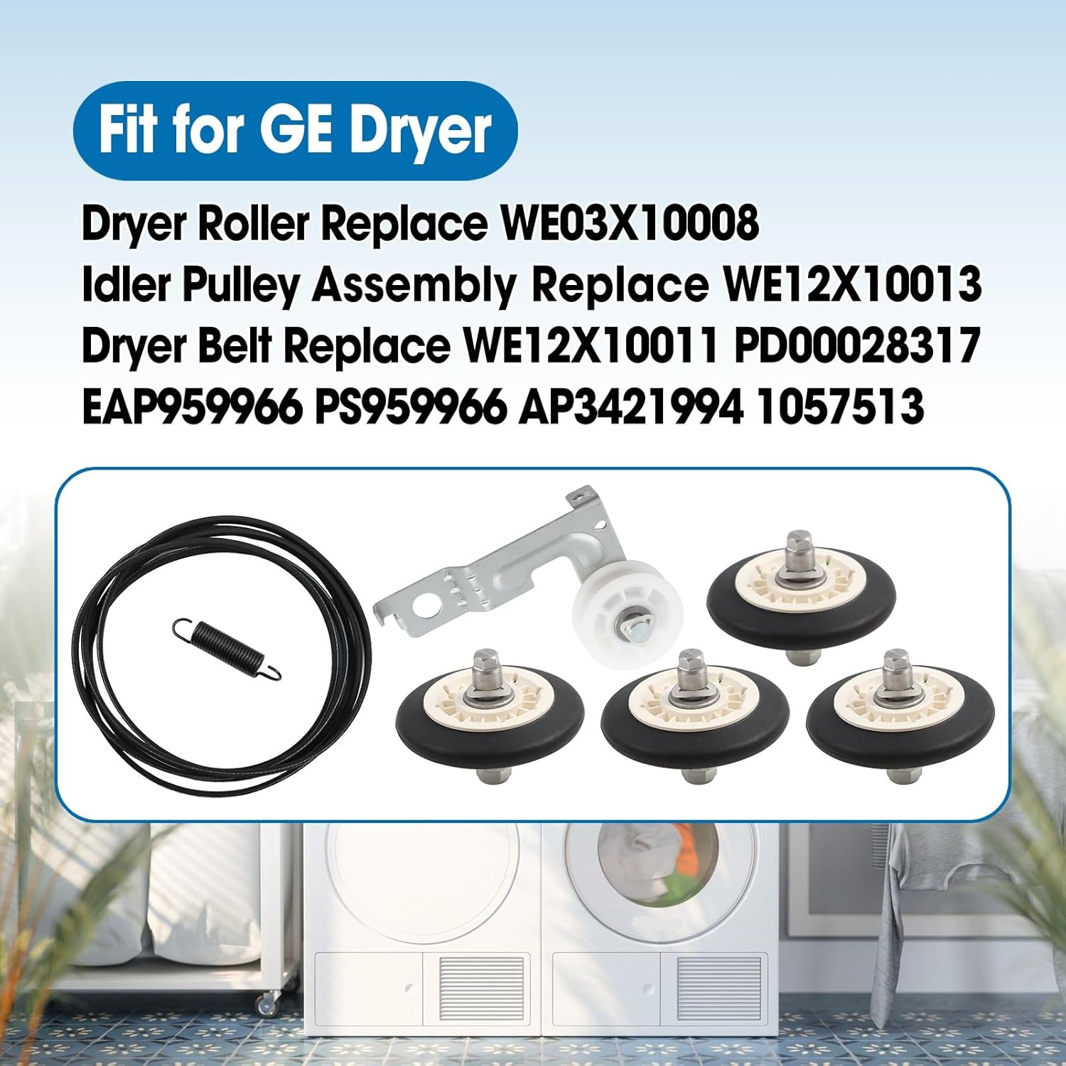 4 Pcs Dryer Drum Roller Repair Kit with Belt & Idler Pulley Assembly Replace WE03X10008 WE12X10011 WE12X10013 Fit for GE Dryer PTDN800EM0WW PTDN800GM0WW PTDN805EM0MS PTDN805GM0MS
