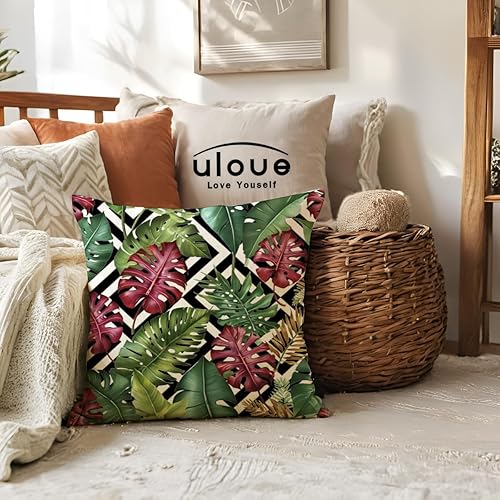 Miniatura 8 de Paquete de 2 fundas de almohada de hojas verdes tropicales con fondo geométrico, decorativas para el hogar, fundas de cojín cuadradas de algodón y