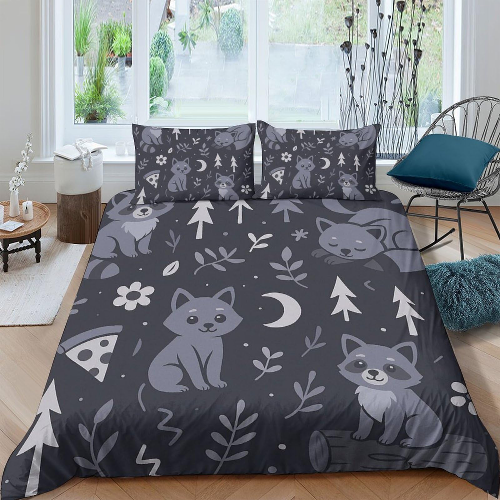 Ctjqhvkz Style-2 3D Printed Forest Animal Fitted Sheet Microfiber Dark Grey Moon Tree Bed Cover For Bedroom Guestroom Decor Protection Single（135X200cm）