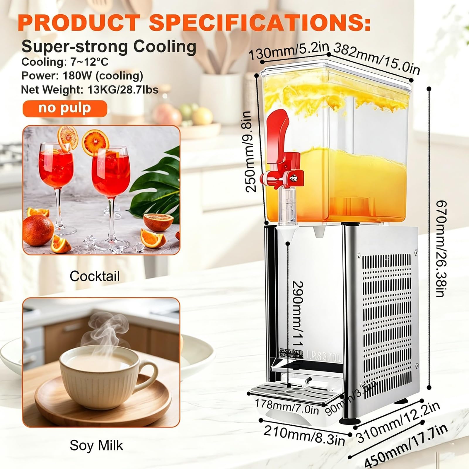 Dispensador de jugo refrigerado comercial, dispensador de bebidas de acero inoxidable de 2.64 galones para fiestas, máquina portátil de bebidas frías, grado alimenticio