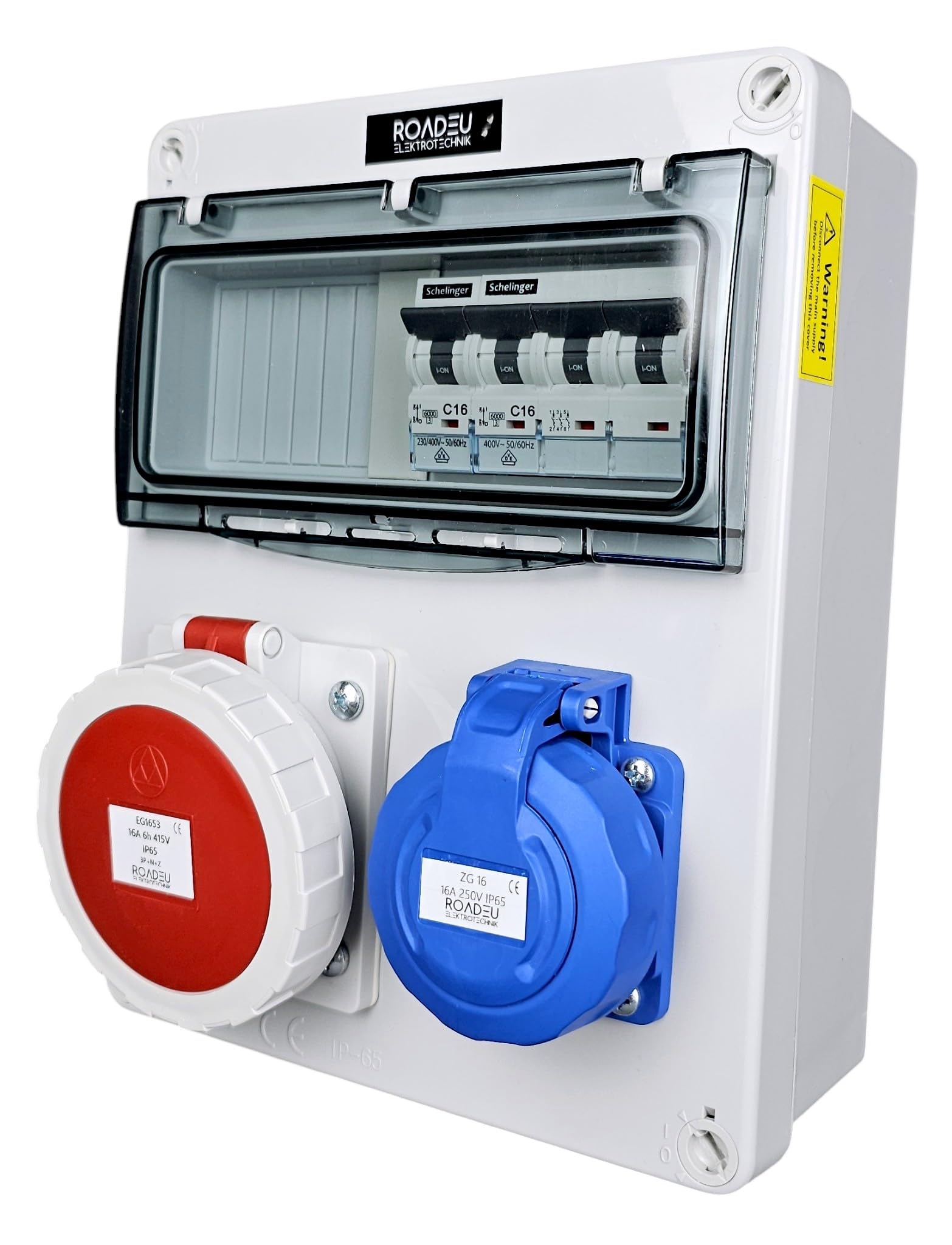 RoadEu Quadro elettrico IP65 CEE 16A 5P 400V e presa Schuko 230V | Interruttori magnetotermici VDE | C16A 3P + C16A 1P | coperchi avvitabili | montaggio a parete