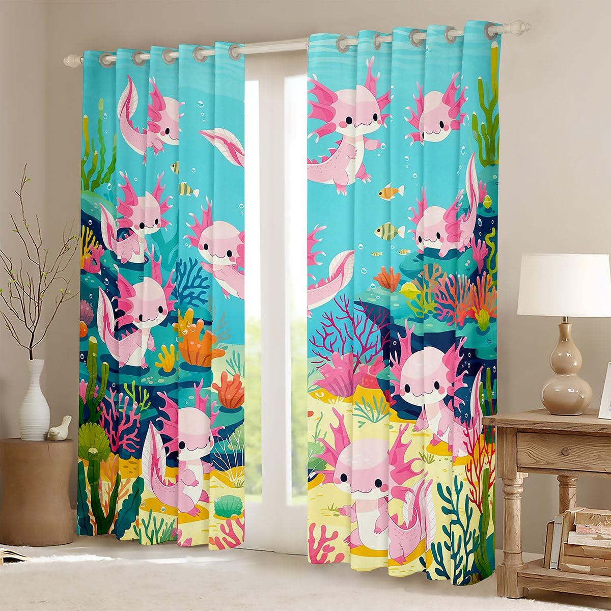 Homemissing Tende oscuranti Axolotl per camera da letto e soggiorno, motivo: salamandra, stile kawaii, oceano e vita marina, 2 pannelli, 167,6 x 228,6 cm, decorazione per la stanza