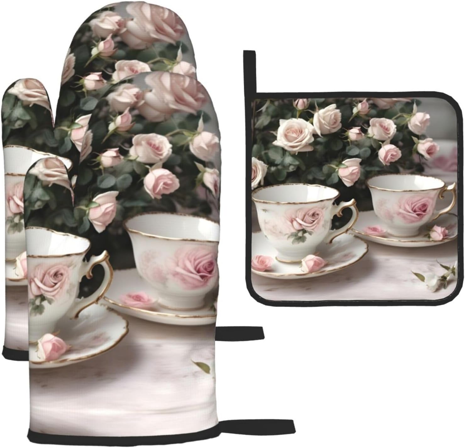 Tea Cups with Roses Romantic Shabby Print Heat Resistant Microwave Gloves, Used for Baking, Cooking, and Fashion Kitchen Essentials