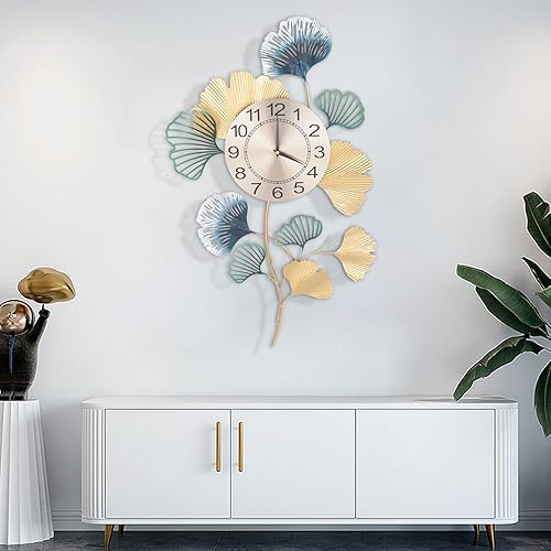 Miniatura 7 de Reloj de pared creativo de metal con diseño de hoja de ginkgo  30 pulgadas, diseño artístico silencioso sin tictac, hoja azul y dorada, decoración