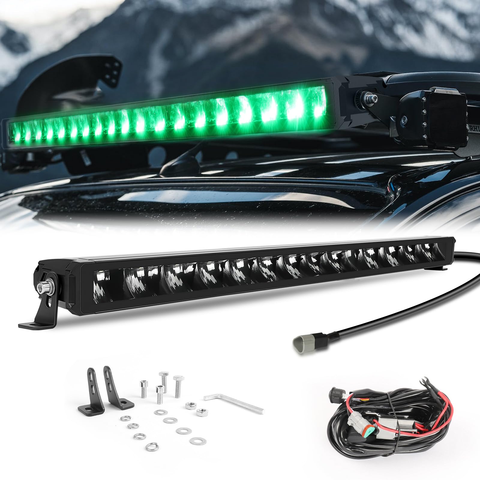 30” Rivetless LED Light Bar with Green DRL – Off-Road Driving Light, Up to 18,000 Lumens, 6000K White Light, 1640 ft Long Distance, IP68 Waterproof,