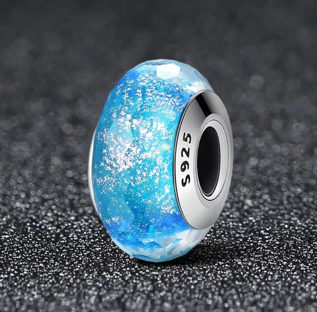 FLXHHX Perlina con Ciondolo in Vetro di con Glitter Blu, Autentico Argento Sterling 925, Compatibile con Il Braccialetto