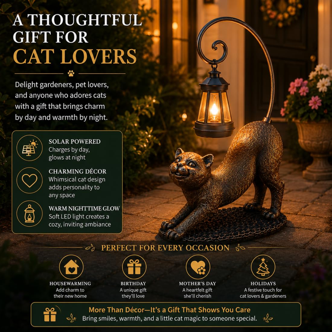Whisker Wonder Katzenstatue, Solar Katzen Gartenfigur LED wasserdichte Skulpturen Leuchten, Süße Katzenlampe für Outdoor Katzendeko, Harz Katzenstatue Außendeko für Garten (B)