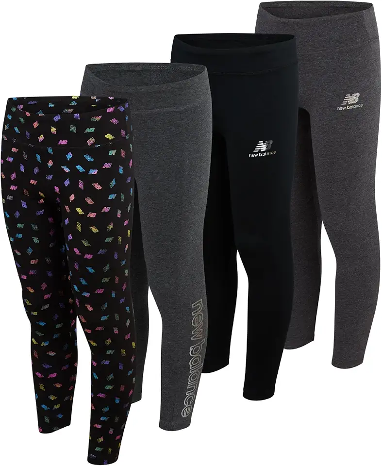 New Balance Active Girls Leggings - 4 Pack Girls Athletic Leggings Yoga Pants Running Workout Kids Dance Tights (7-16)