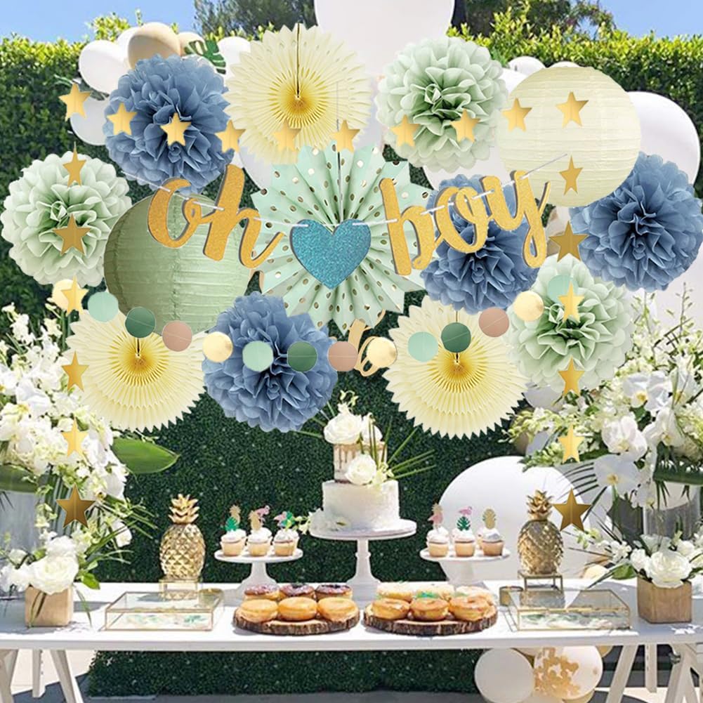 Oh Boy Dusty Blue and Sage Green Baby Shower Decorations Dusty Blue Green Yellow Baby Shower Decorations Pastel Yellow Paper Fans Poms Lanterns with Oh Boy Banner Gold