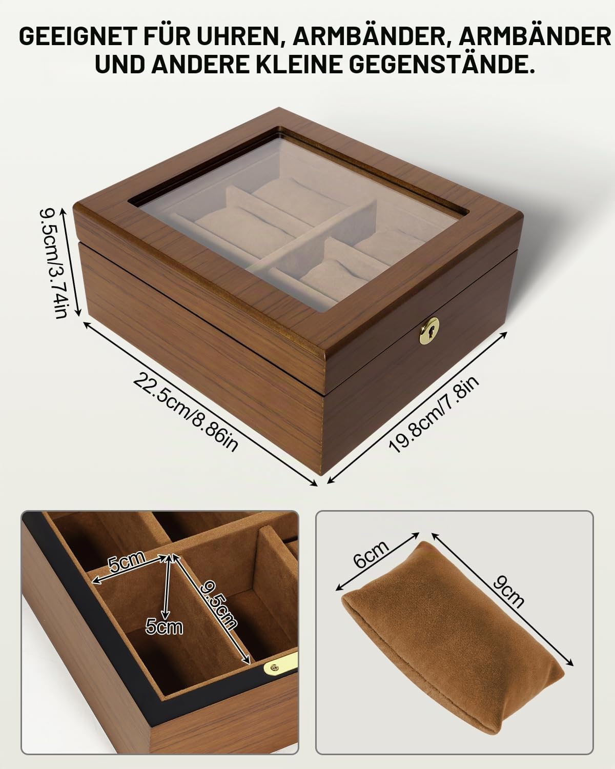 Uten Uhrenbox Holz für 6 Uhren, Uhrenkasten mit Schlüssel,Weiche Kissen & goldenes Schloss, Große Kapazität, Uhrenkoffer als Geschenkidee für Herren und Damen