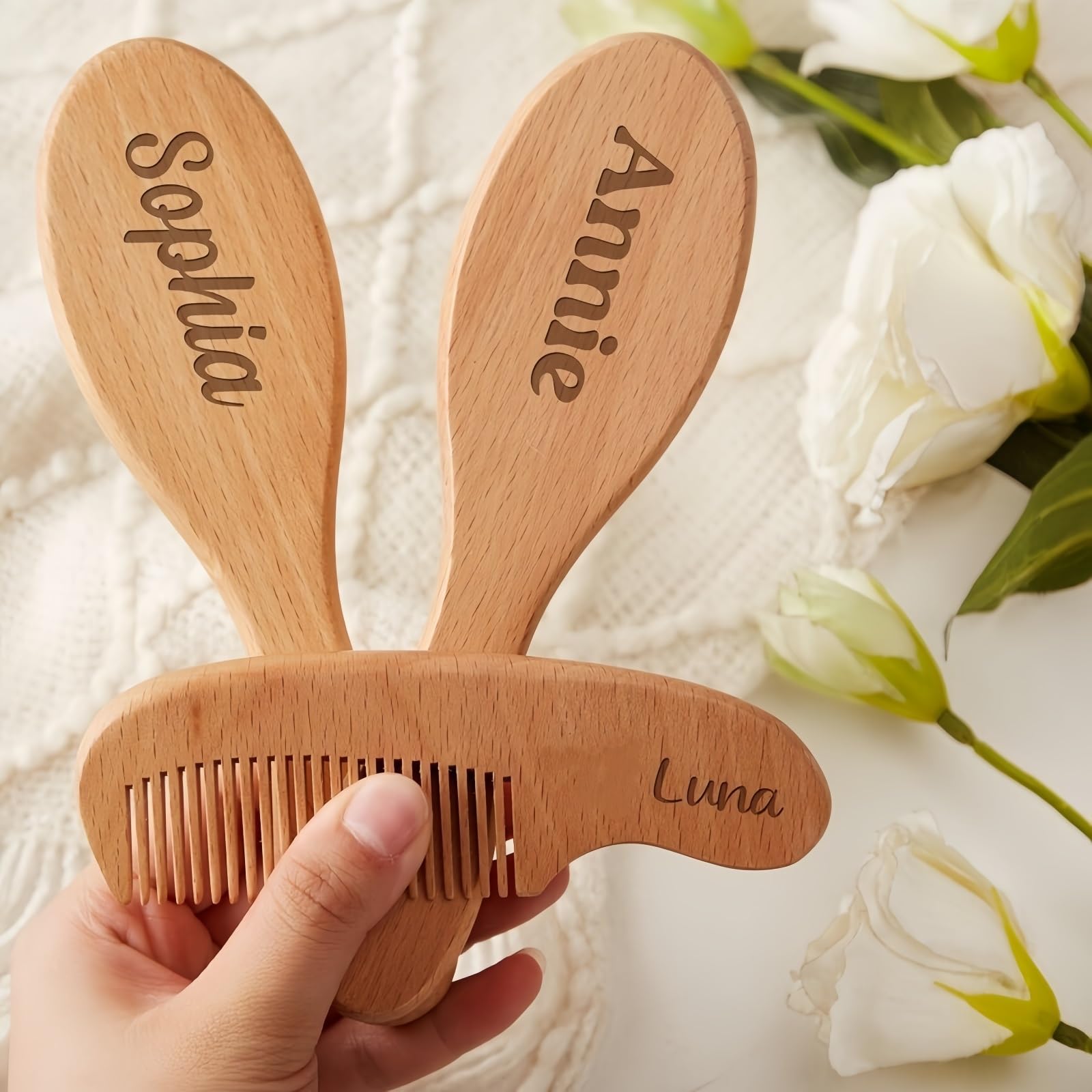 Set Personalizzato Di Spazzola E Pettine Per Bambini, Spazzola In Lana, Pettine In Legno Con Nome E Icona Incisi, Accessori Per Il Bagnetto, Regali Per Neonati