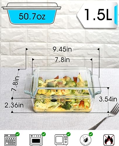 Miniatura 2 de NUTRIUPS Plato para hornear de 8 x 8 pulgadas, cazuela cuadrada con cubierta de vidrio, cacerola de vidrio con tapa, bandeja para hornear de vidrio