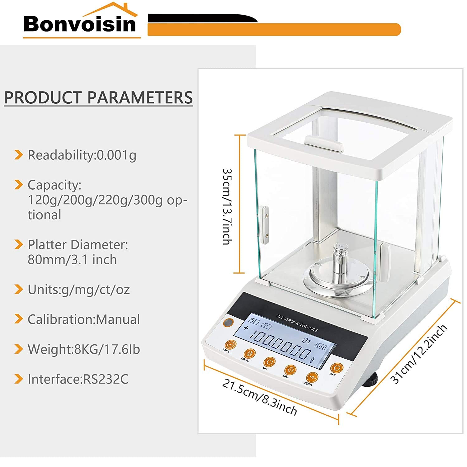 Bonvoisin Analytische Waage 100-300gx1mg Pr?zisionslaborwaage 0.001g Digitale Analysenwaage RS232-Schnittstelle Labor Elektronische Waage LCD-Anzeige mit Windschutzscheibe (220g, 0.1mg)
