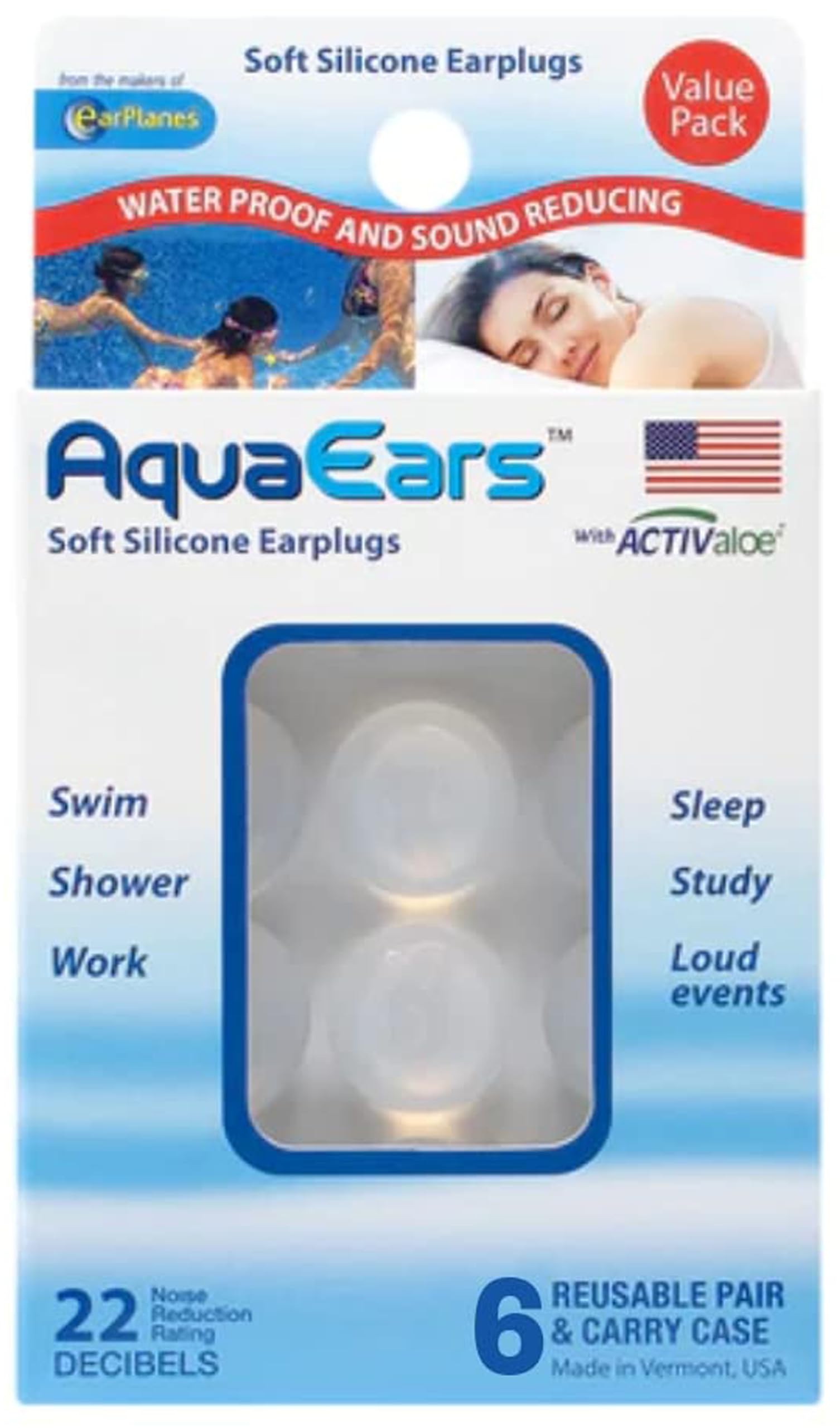 AquaEars Adults 6 Pair Soft Silicone Ear Plugs for sleep study Loud noise Meditation Sound Reducing swim water proof EarPlugs Carry Case with Activ Aloe (B07TTNDDKZ) Amazon Price History, Amazon Price Tracker