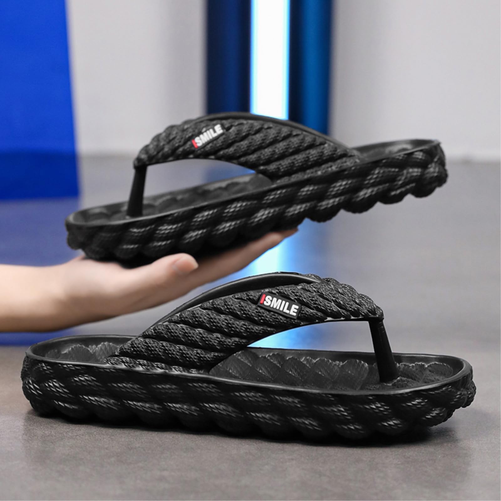 Sandalias Negro Trenzado Textura Plataforma Chanclas, Carta Impresión Antideslizante Eva Tanga Sandalias, Acolchado Rápido Seco Verano Playa Baño-gray-44-45