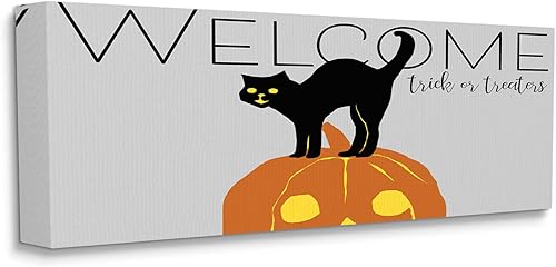 Miniatura 1 de Stupell Industries Welcome Trick Or Treaters Halloween Cat Pumpkin, arte de pared diseñado por Nicholas Biscardi, 13 x 30 pulgadas, color gris