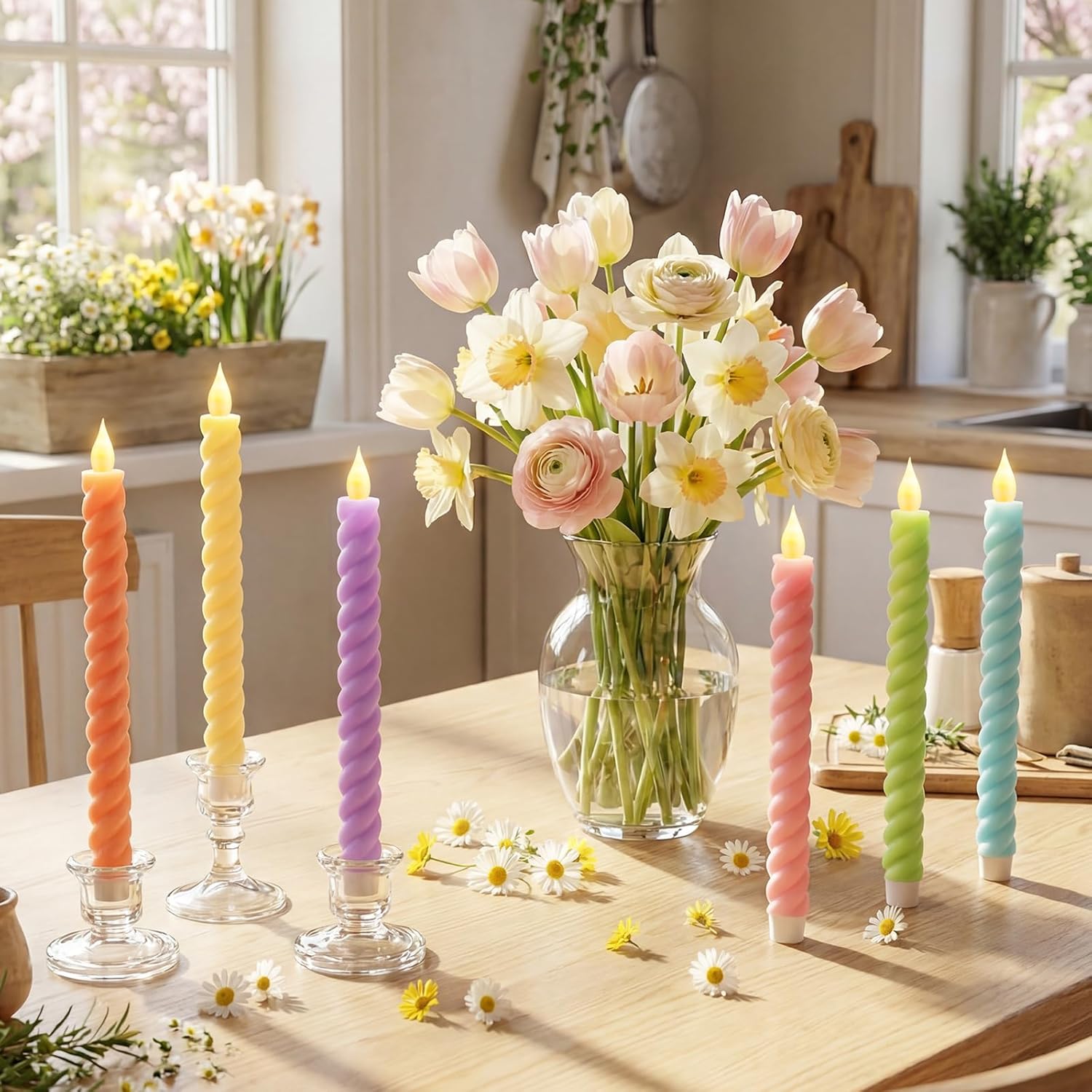 6 Pcs Spring Flameless Taper Candle Pastel Twisted LED Taper Spiral Candlestick 9.65 Inch Colorful Battery Operated Candles Centerpieces for Spring Tea Party Wedding Birthday Easter Home Decor