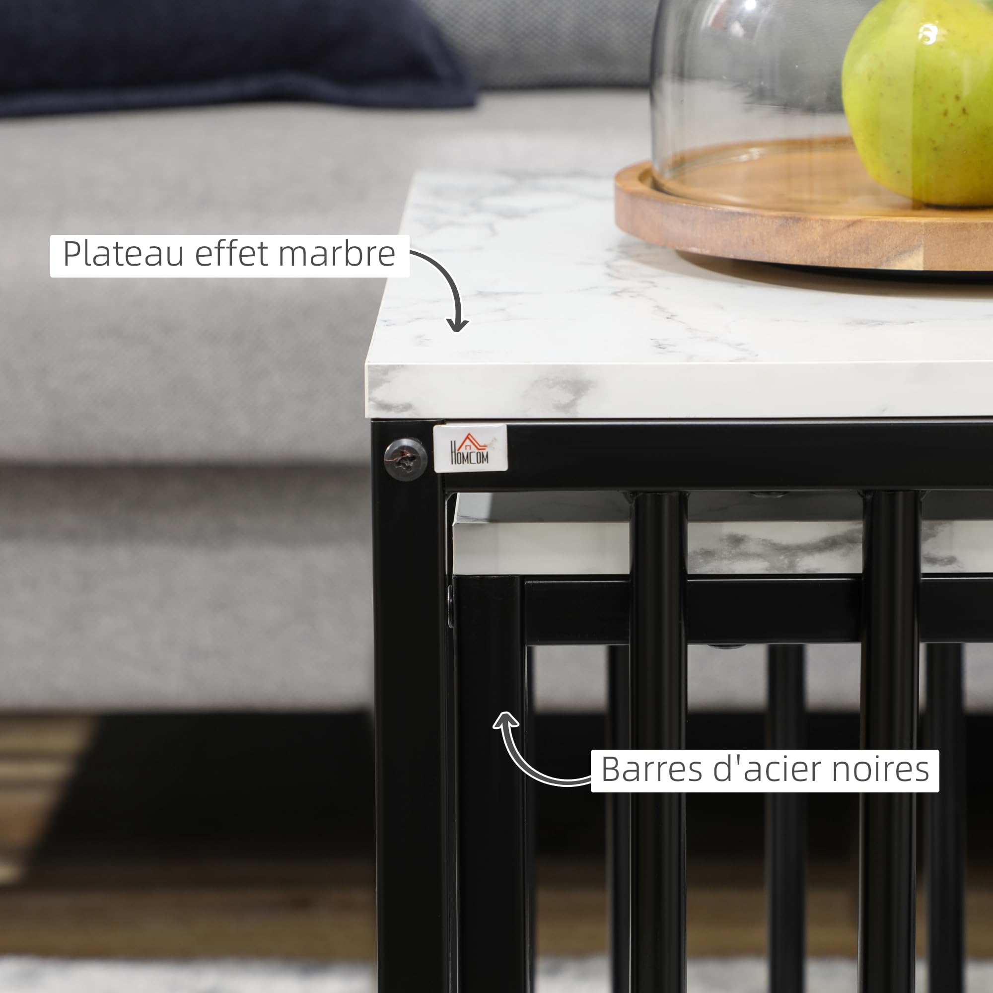 HOMCOM Lot de 2 Tables d'appoint Tables gigognes Tables Basses empilables avec Plateau Aspect Bois Effet marbre Cadre en métal Noir