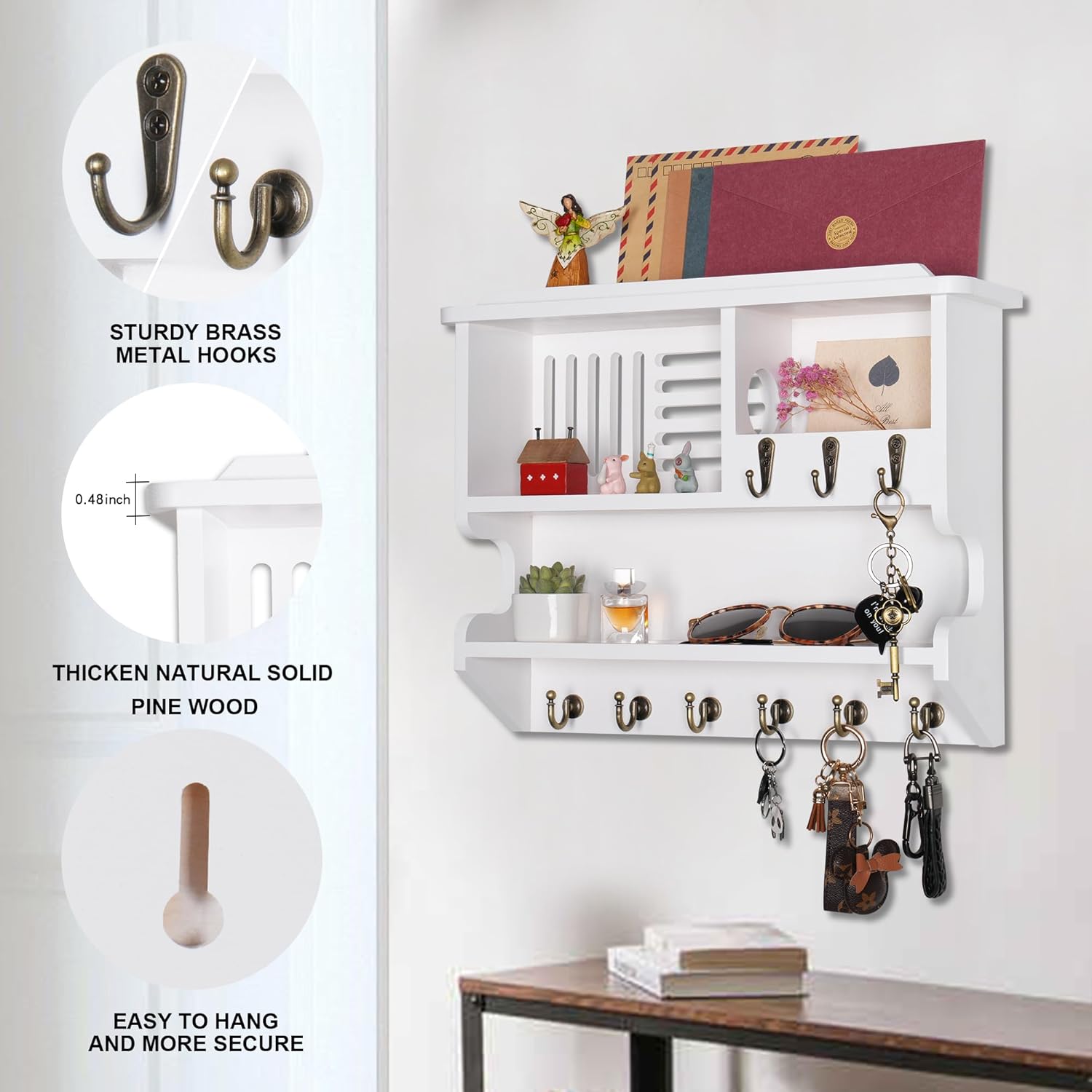 Key Holder for Wall, Mail and Key Holder for Home Decor, Key and Mail Holder for Wall with Key Hooks, White