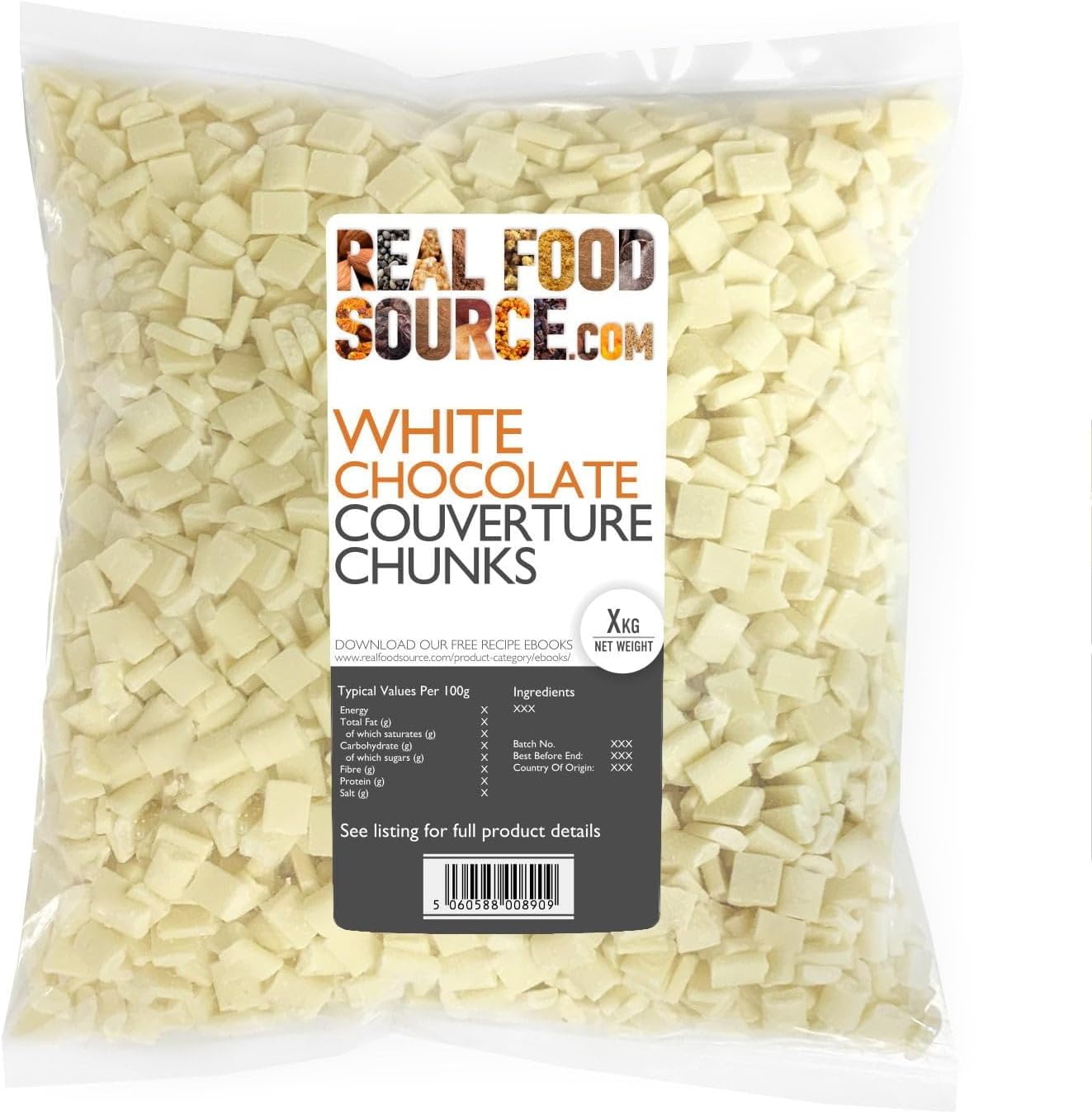 RealFoodSource White Chocolate Couverture Chunks 1kg