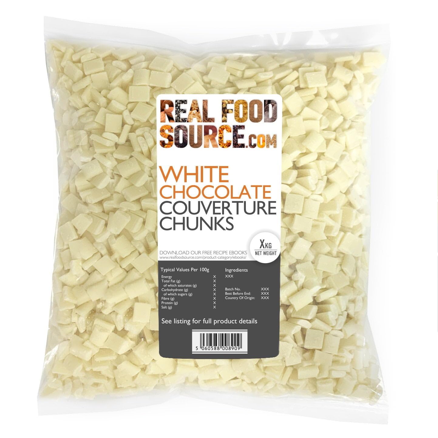 RealFoodSource White Chocolate Couverture Chunks 1kg