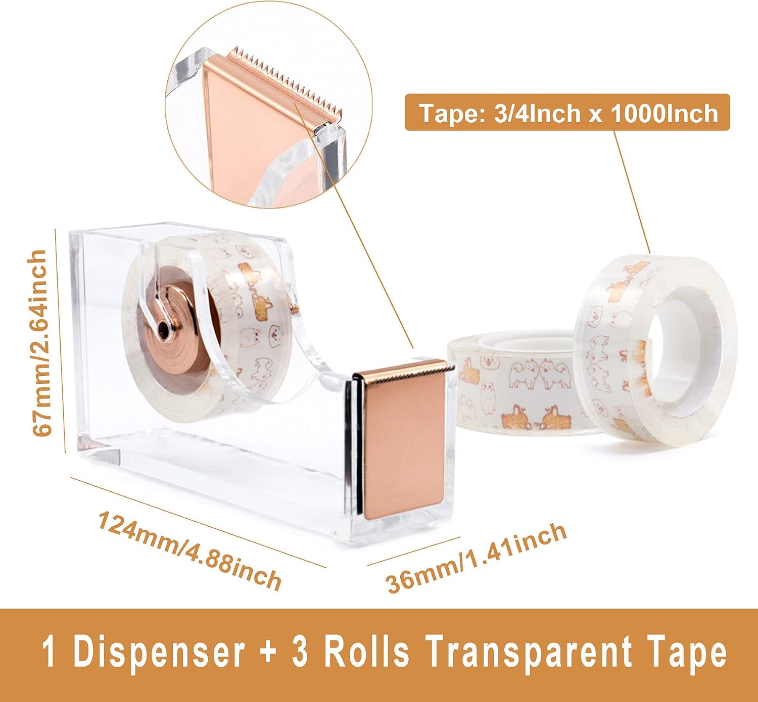BOMEI PACK Rose Gold Office Stapler Set, Tape Dispenser with 3Rolls Transparent Tape, Staple Remover with 1000 Staples and 12 Binder Clips, 1 Pen and Pencil Holder, Acrylic Gold Desk Accessory Kit