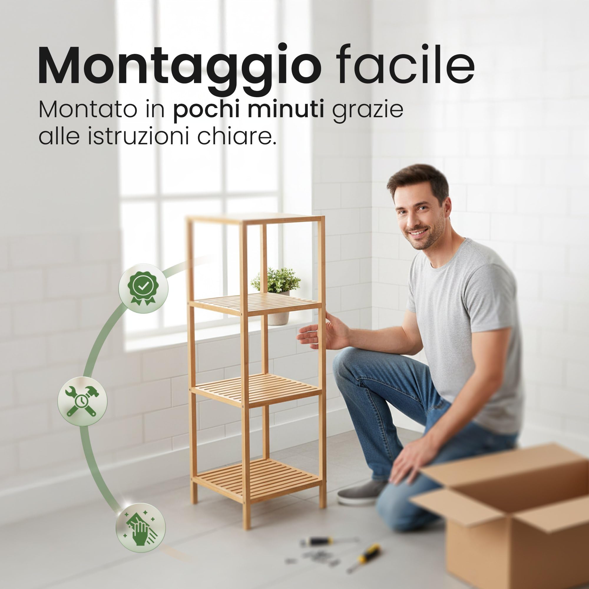 CLP Mensola bagno in bambù Zinnien, scaffale stretto, stabile e resistente, portata 10 kg per ripiano, Dimensione:M
