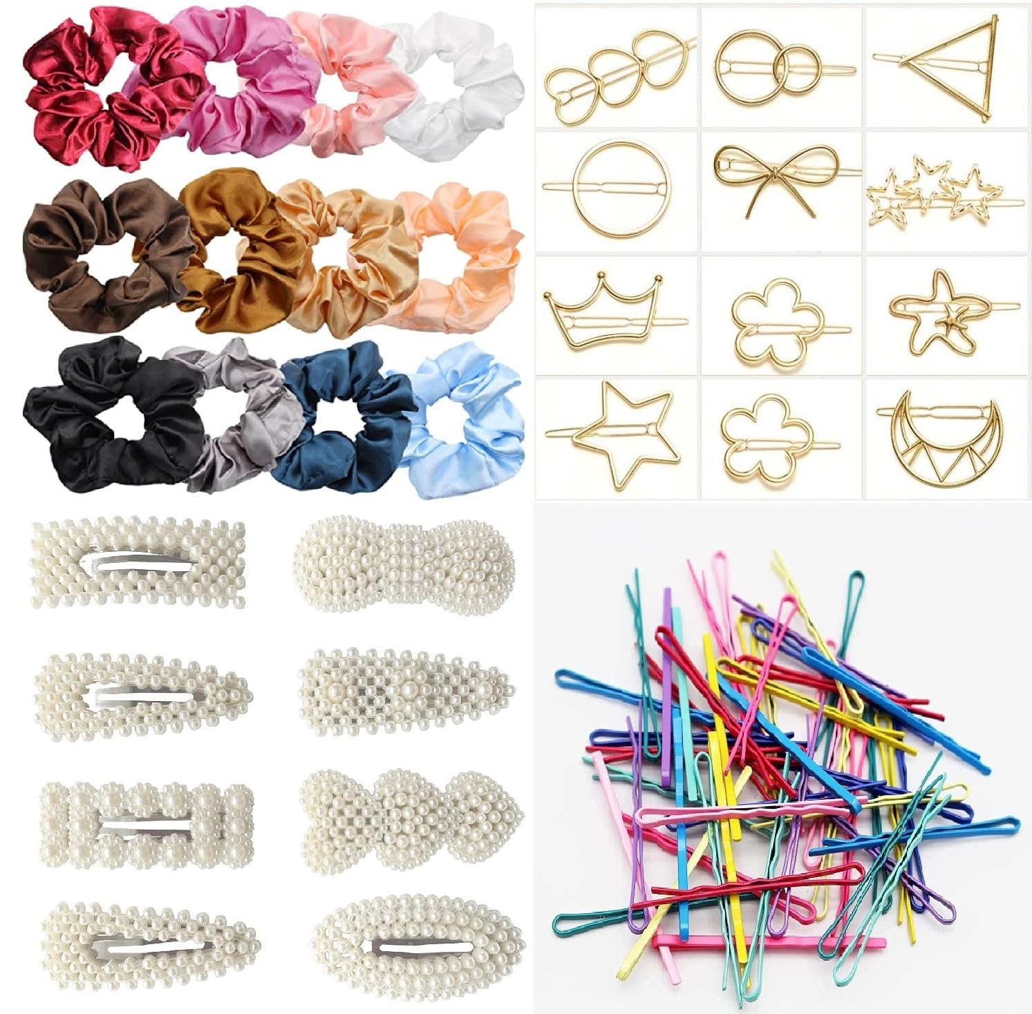 Snowpearl Combo of 18 Pieces Hair Accessories | Golden Hair Clips | Korean Pearl Barrettes Hair Clips | Satin Hair Scrunchies | Color Hair Bobby Pins | Hair Accessories For Girls and Women