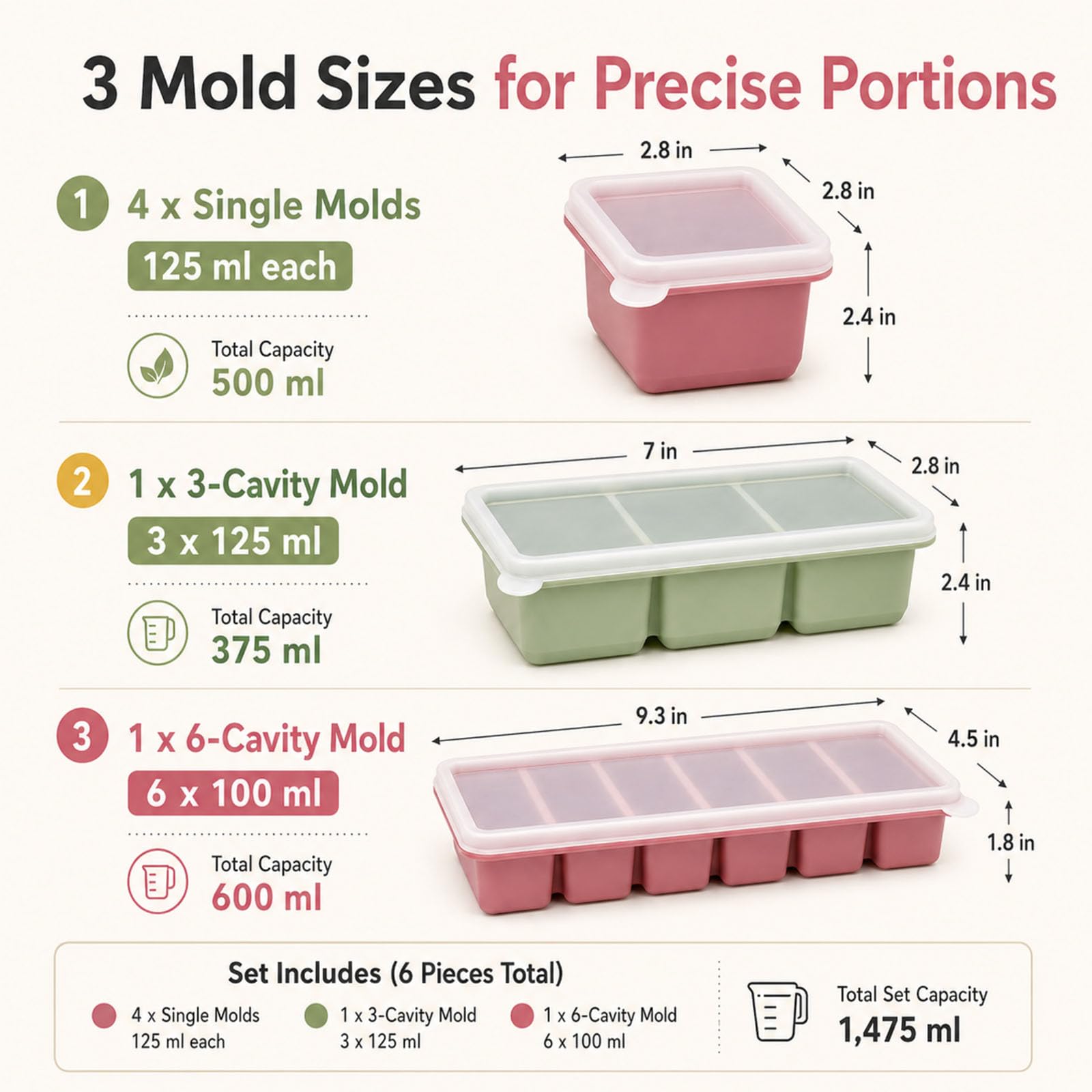 6 Pezzi Stampo Cubetti Riutilizzabili in Silicone Coperchio Set 4×125 ml Porzioni Singole, 3×125 ml Multiforma & 6×100 ml Contenitori Congelamento, Senza BPA per Alimenti Liquidi Zuppe