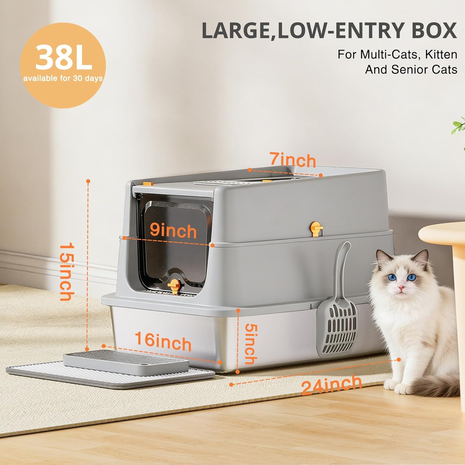 Stainless Steel Cat Litter Box, XL Enclosed Cat Litter Box with Lid, Easy to Clean High-Sided Metal Kitty with Top Entry, Scoop, Mat, Brush & Foot Pedal-Light Gray