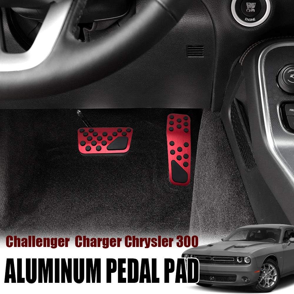 XITER No Drill Anti-Slip Aluminum Gas Brake Pedal Cover Foot Pedal Pads kit For Dodge Challenger Charger Chrysler 300 2009-2023 (RED)