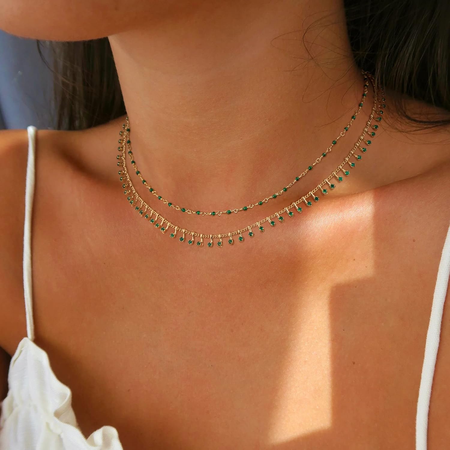 MTMY Beaded Necklaces for Women 14K Gold Plated Dainty Colorful Green/Rose Beaded Pearl Choker Necklace Delicate Boho Choker Necklace Jewelry Gift - Image 3