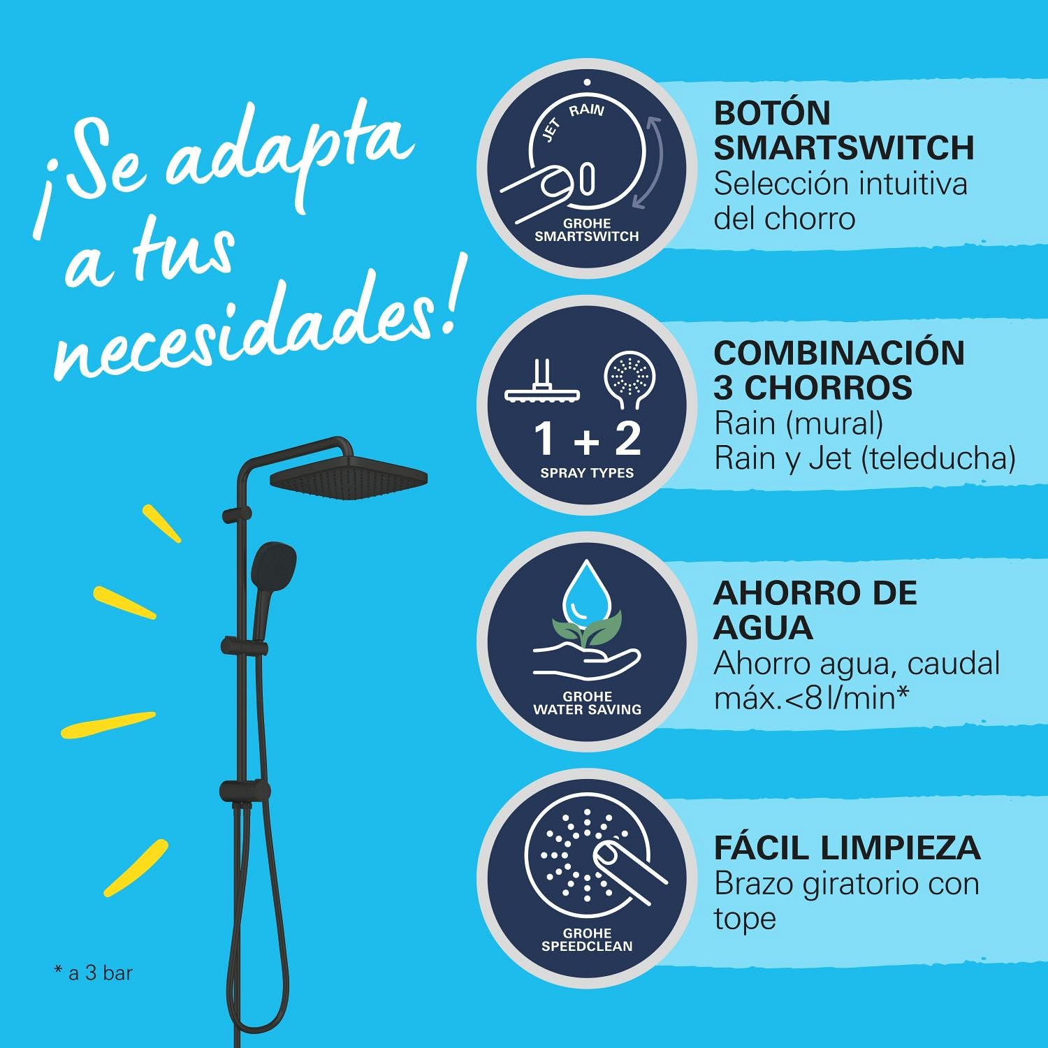 GROHE Vitalio Comfort 250 Flex - Sistema de ducha con desviador (Rociador cuadrado 25cm 2 chorros, Teleducha 11cm 2 chorros, barra 74 cm), Negro mate, 266982431