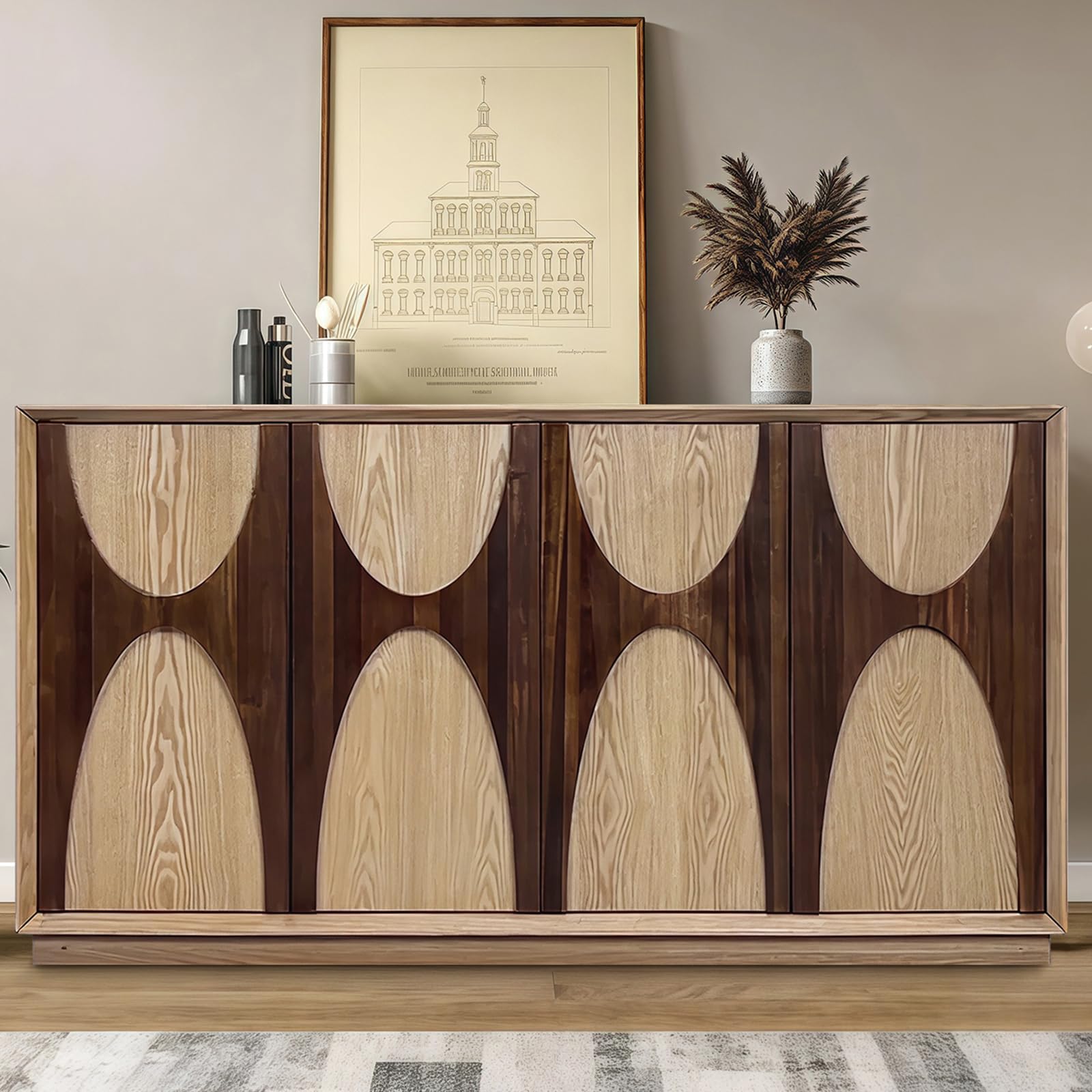 59" Sideboard Buffet Cabinet Retro Accent Storage Cabinet with Magnetic Door Latches Adjustable Shelf for Living Room Kitchen(Natural)