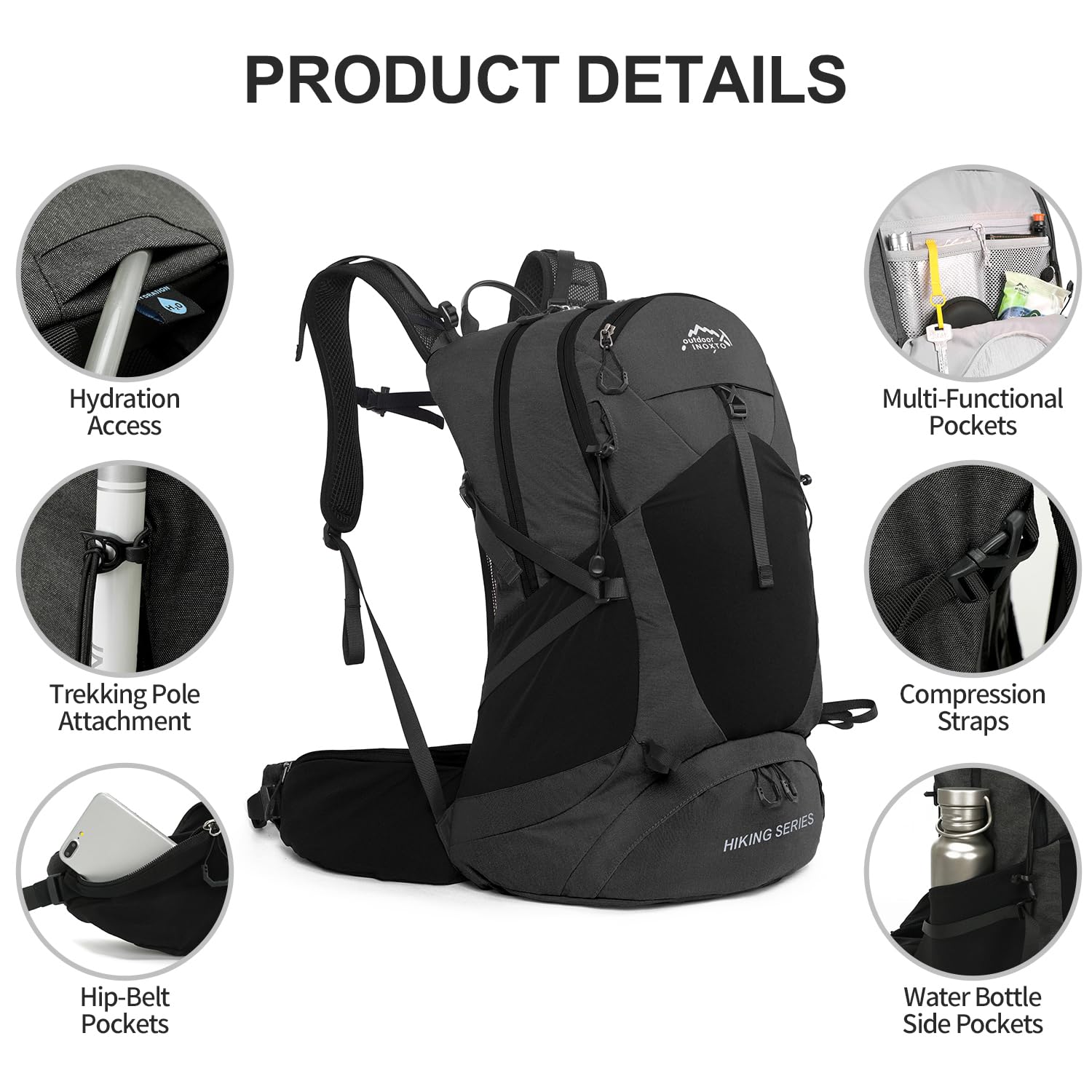 IX INOXTO Sac à dos de randonnée, sac à dos de randonnée imperméable de 35 l avec poche d'eau de 3 L et housse de pluie, léger pour voyage et camping