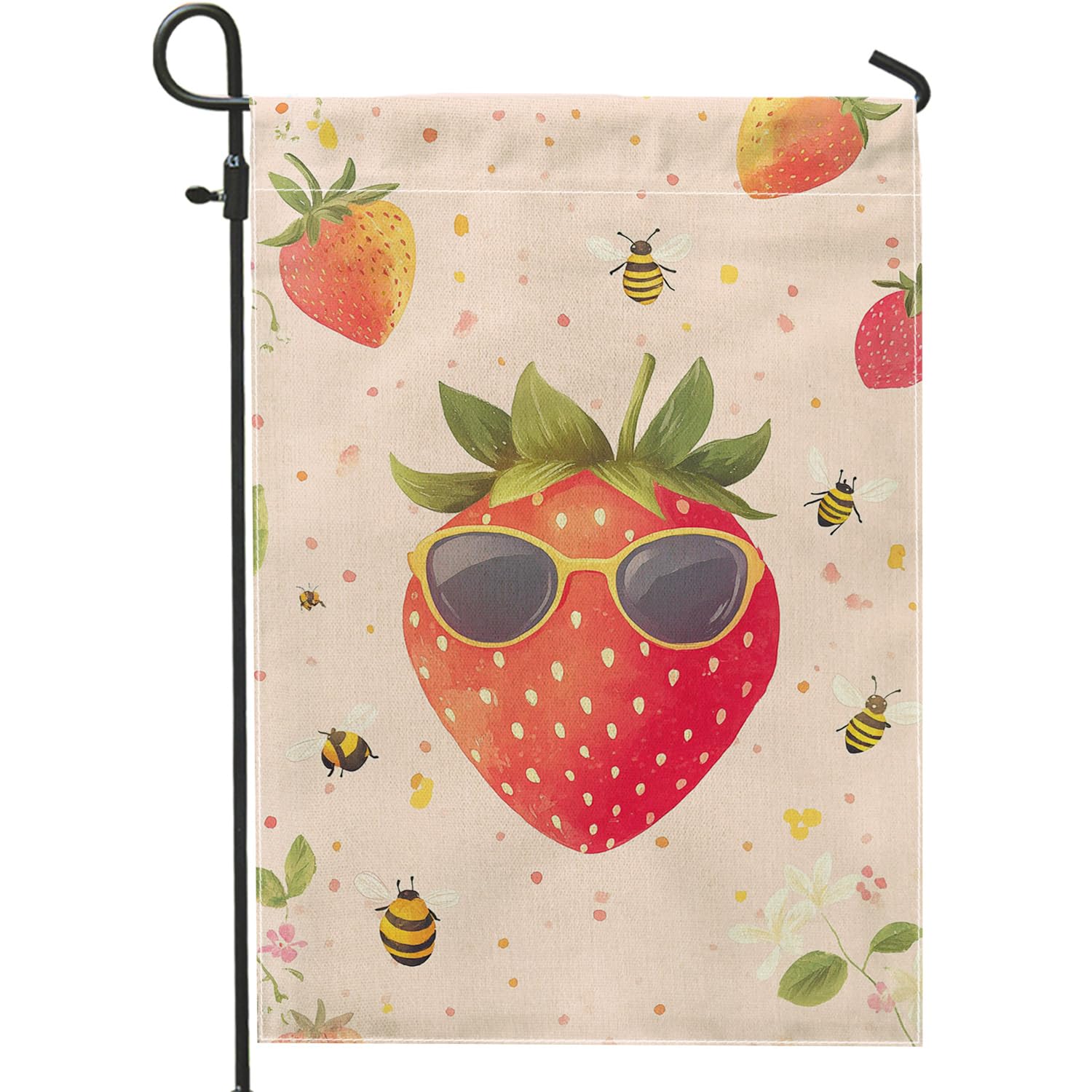 Summer Strawberry Garden Flag, Cute Red Berry & Bees Outdoor Decor, Double Sided Burlap Garden Banner, Fun Yard Decoration for Home 12x18 Inch