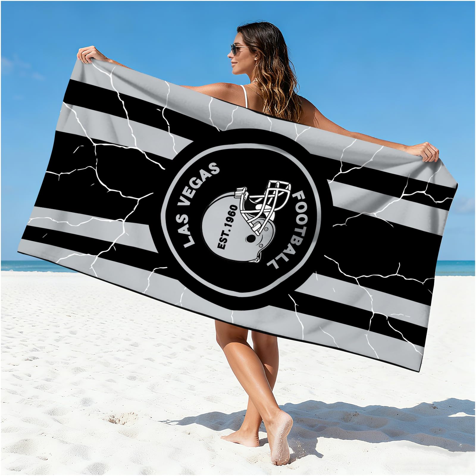 Football Fan Thin Lightweight Microfiber Beach Towel Las Vegas City Themed Large Absorbent Oversized Towels Men Women Stuff Raiders Team Dad Husband Guy Him Birthday Anniversary Cool Useful Nice Gift