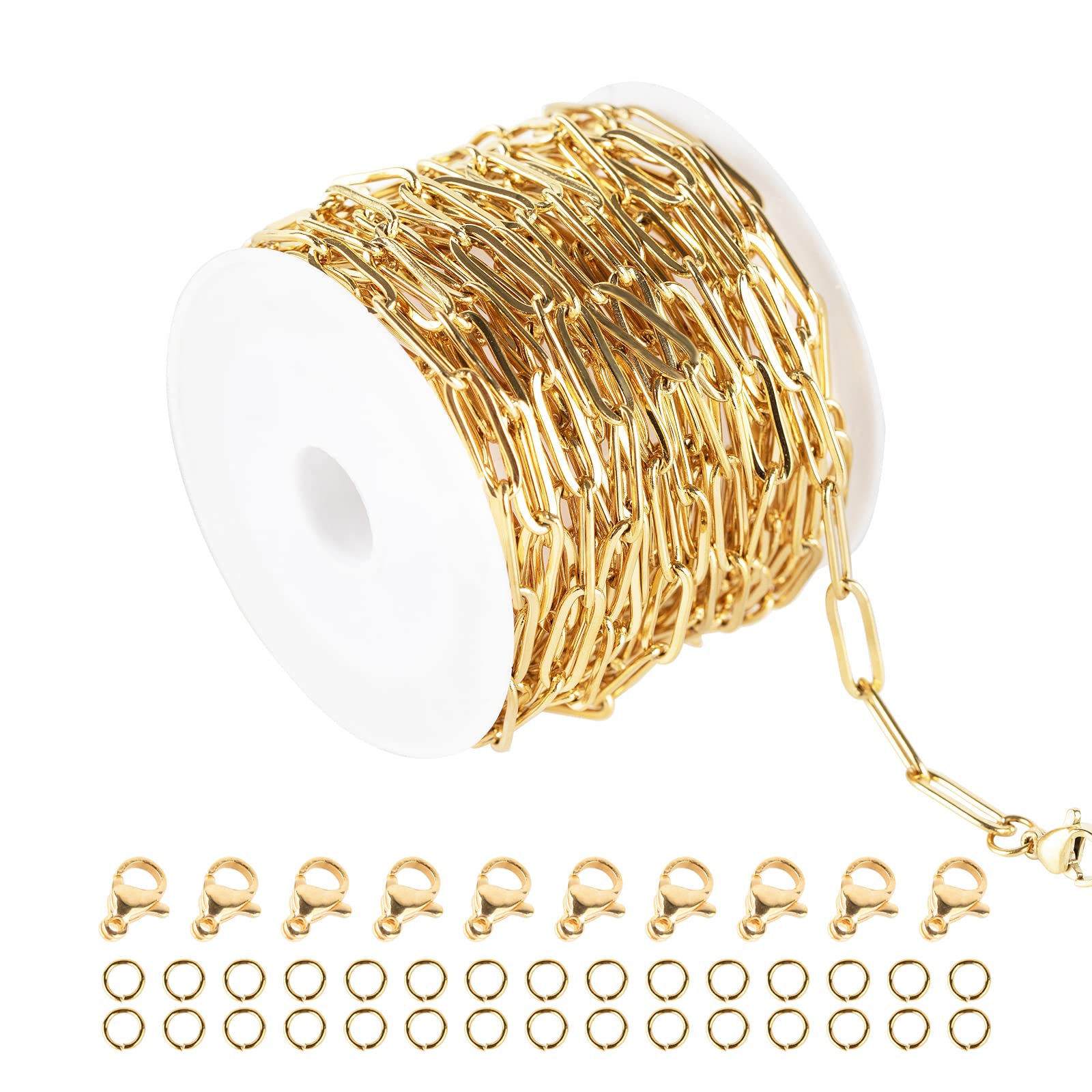 Jabogrii 16.4 Feet Gold Plated Chain for Jewelry Making Welded Stainless Steel Paperclip Oval Link Chains Bulk with Lobster Clasps Jump Rings for Bracelet Necklace Making