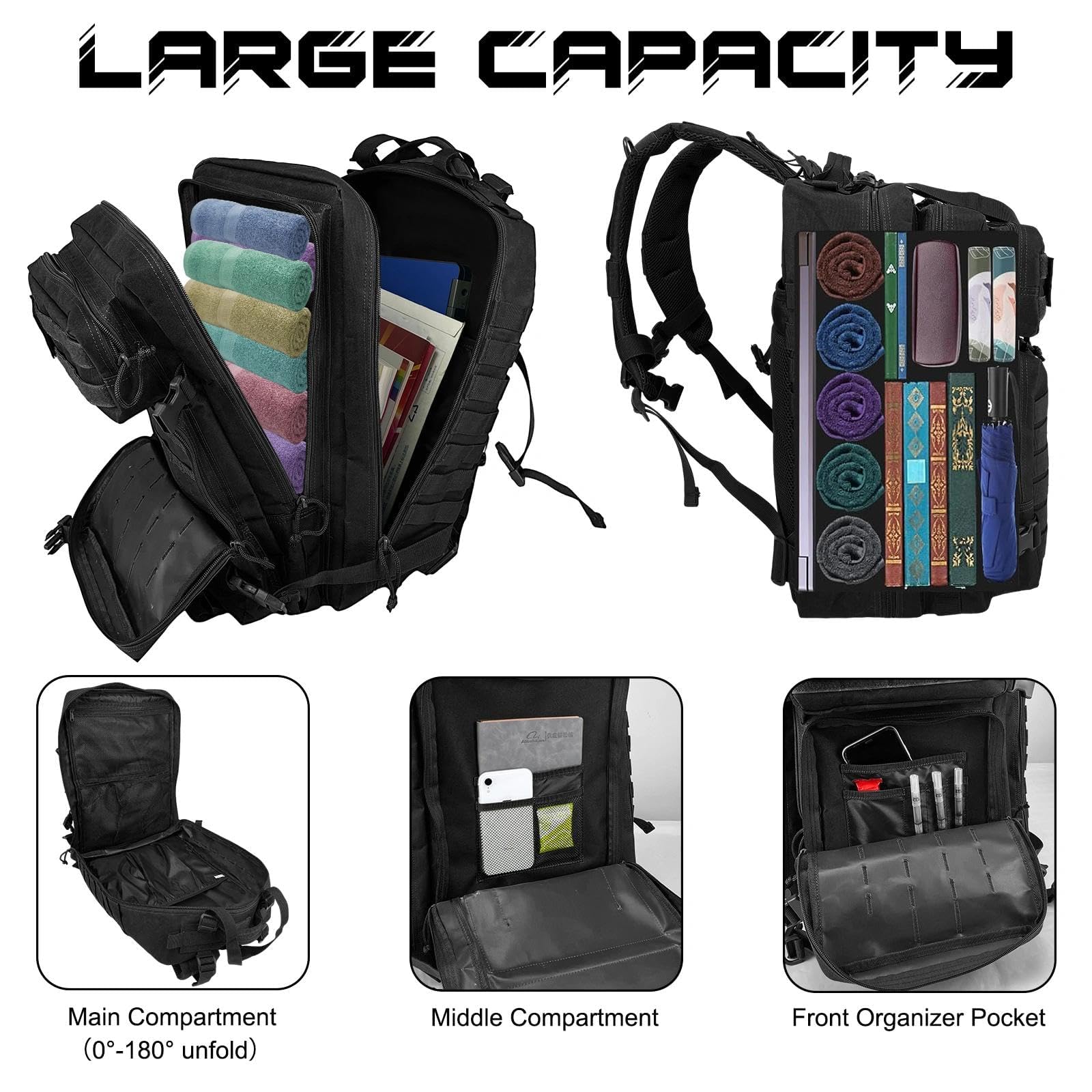 WOLT | Sac à dos tactique militaire pour homme, grand sac d'assaut de 3 jours avec sac MOLLE pour équipement de randonnée, sac de survie, sac de portée, noir, Large, ‎Sac à dos tactique