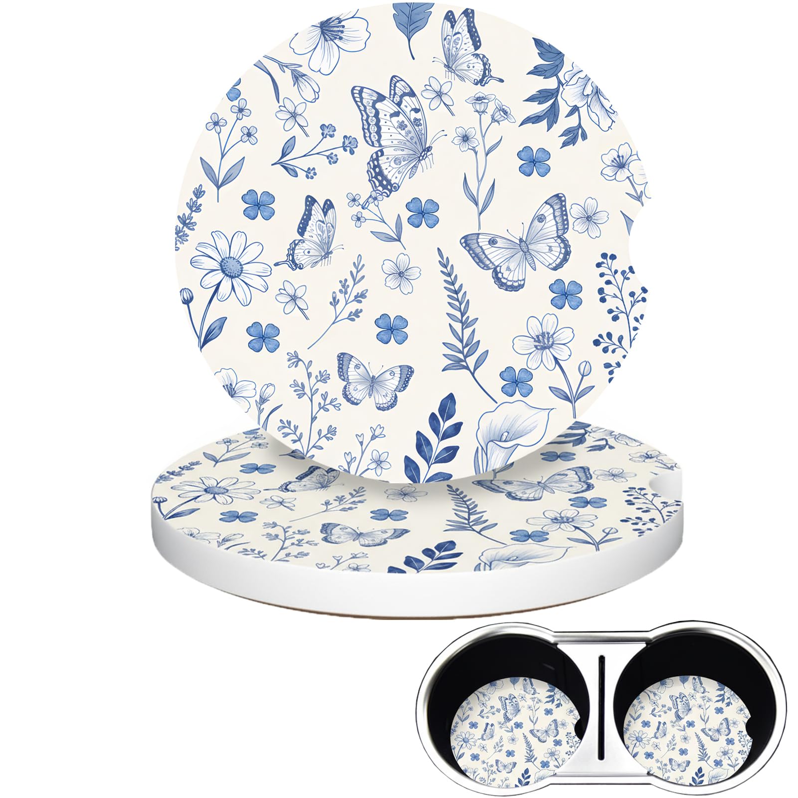Photo 1 of Vintage Blue Butterfly Car Coasters 2 Pack - Absorbent Ceramic Cup Coasters with Finger Notch & Anti-Slip Cork Base, 2.6" Auto Cup Holder Coasters for Car Interior Accessories (Women/Men)