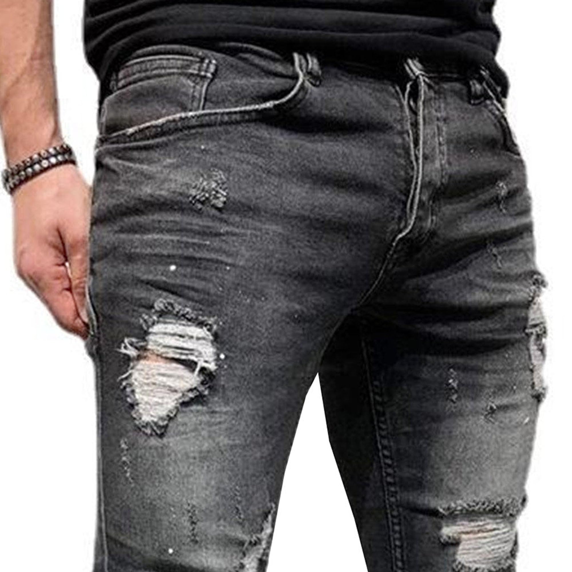 Qolkmuiy-GJ Men's Patchwork Middle Waist Jeans Distressed Moto Biker Cowboy Pants Casual Stretch Tapered Leg Jeans (Black,3X-Large)