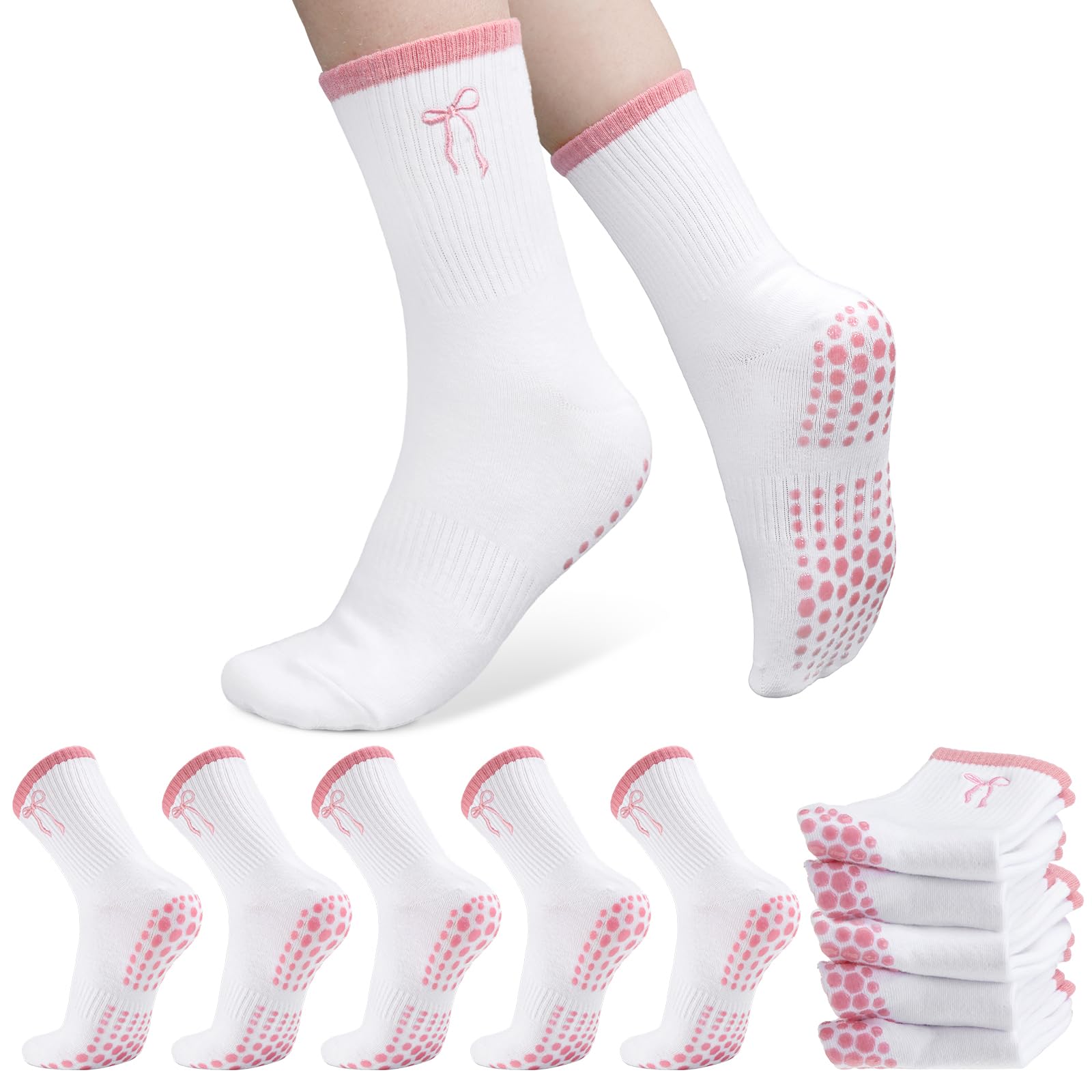 Meias De Pilates E Yoga Super Aderentes - 6 Pares Com Laço Rosa Fofo