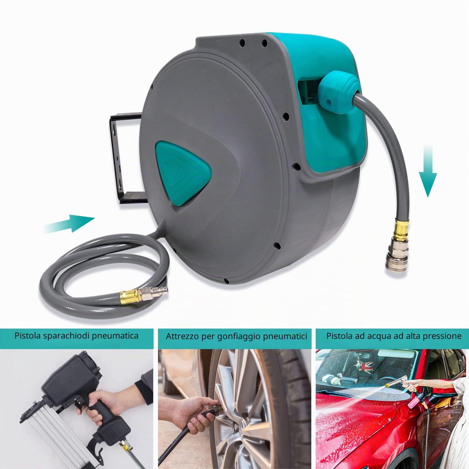 LZQ Avvolgitubo aria compressa professionale (20 m + 2 m), connessione 1/4" BSP giunto rapido, con riavvolgitore automatico e auto-stop