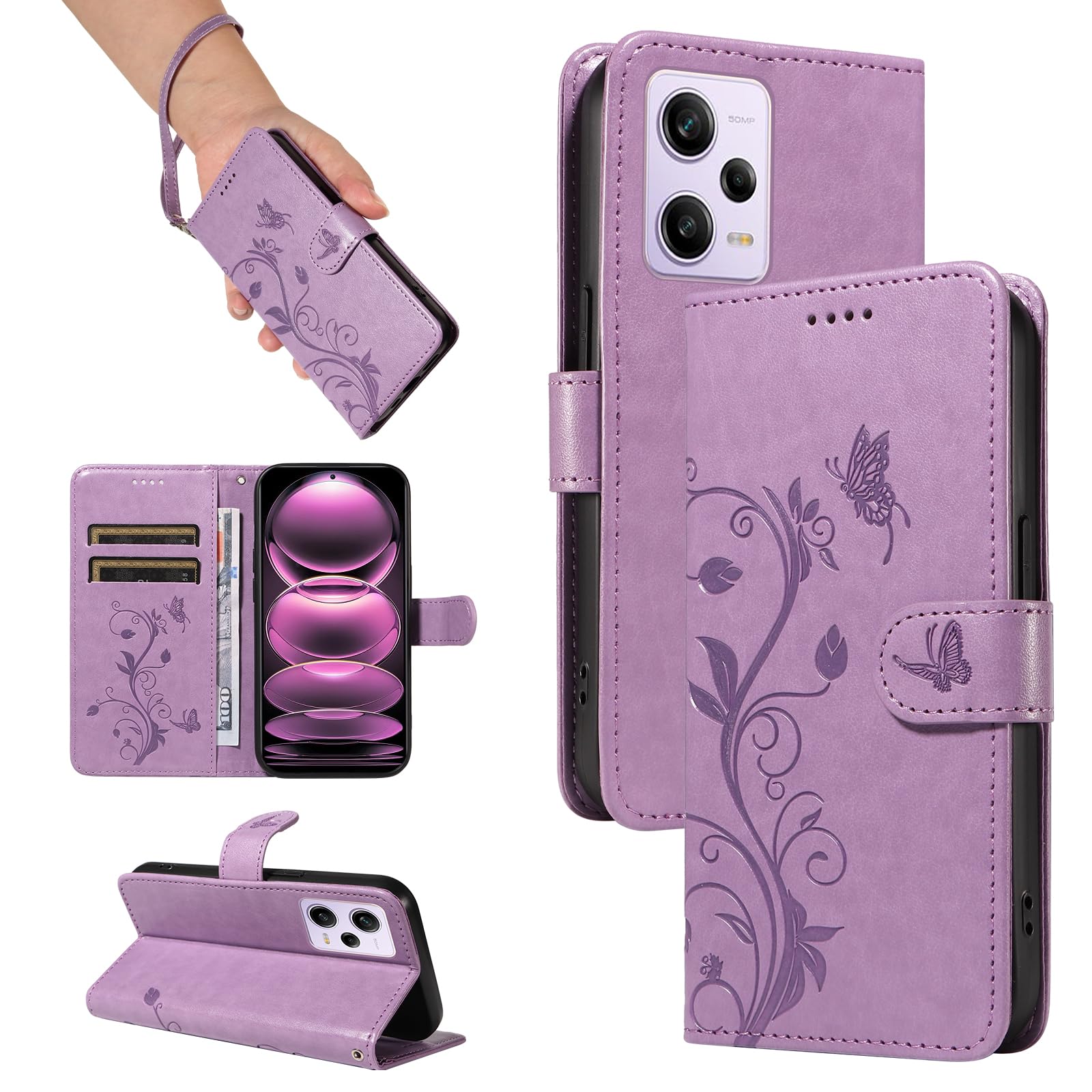 Cover Pelle Per Xiaomi Redmi Note 12 Pro 5G - Portafoglio Con 3 Slot Carte E Chiusura Magnetica - Viola Chiaro - 2