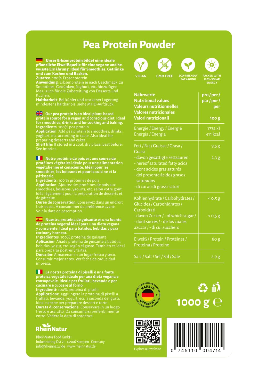 RheinNatur Erbsenprotein Pulver 1 kg - Veganes Proteinpulver - Eiweißpulver für Proteinshakes, Smoothies & mehr - Pflanzliches Protein - 1000 g Beutel