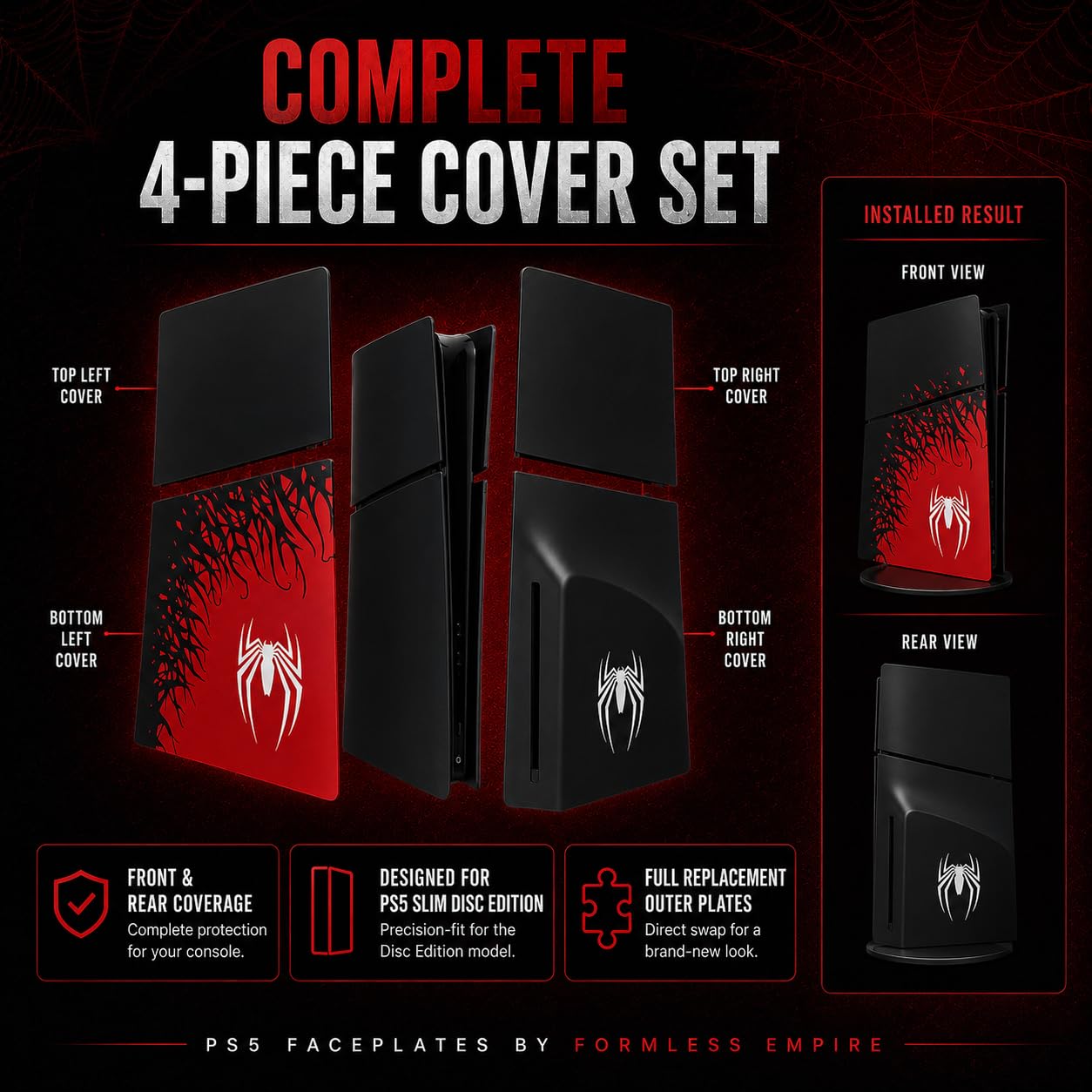 Seitenplatten für PS5-Konsole PlayStation 5 Slim Disc Edition Konsole Spider Ersatzzubehör Gehäuseabdeckung Schwarze Platte Anti-Kratzer Staubabdeckung Skin-Schutz