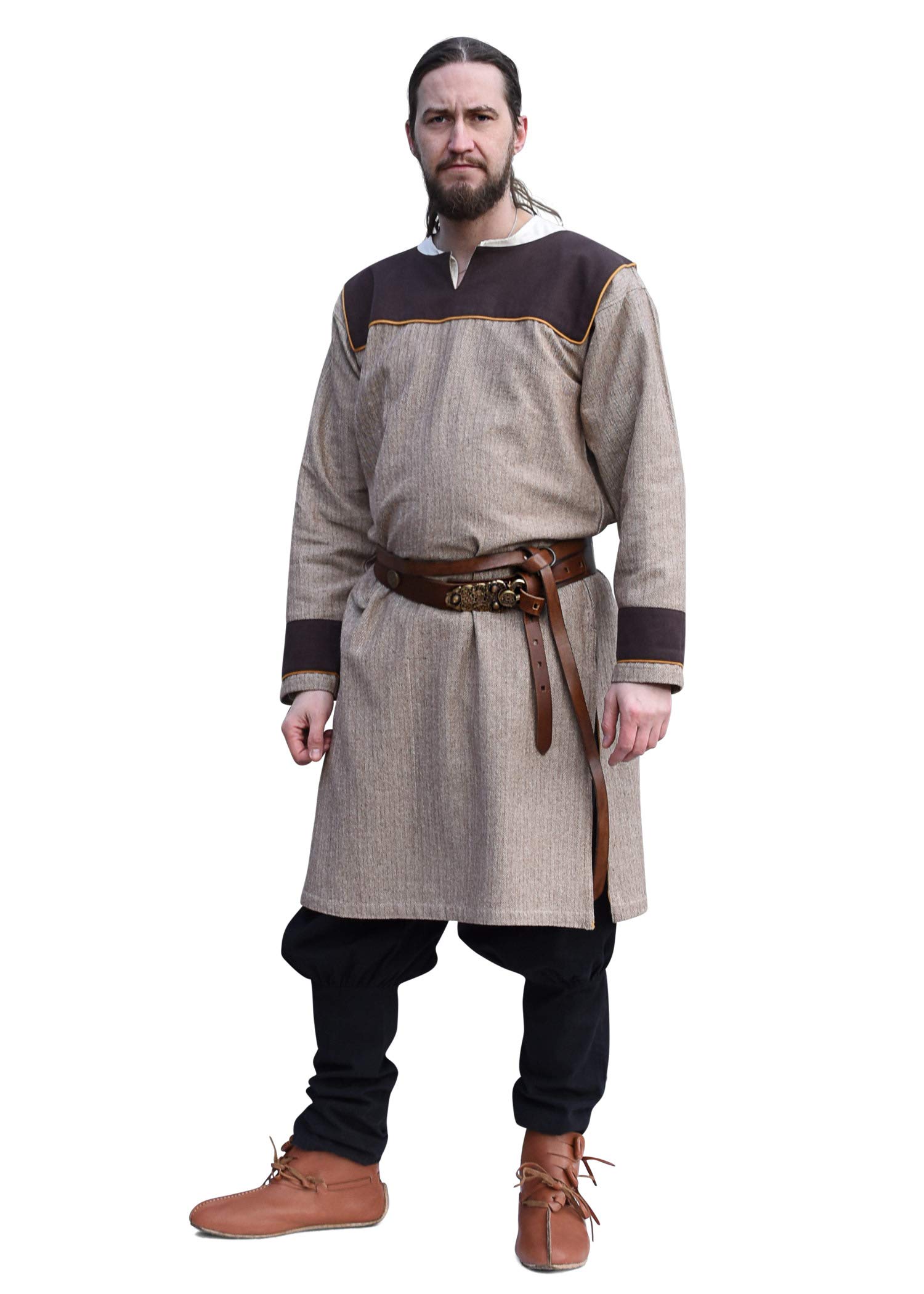 Battle-Merchant Men's Brown Ove - Viking Tunic With Herringbone Pattern - Larp Medieval Costume - 3XL