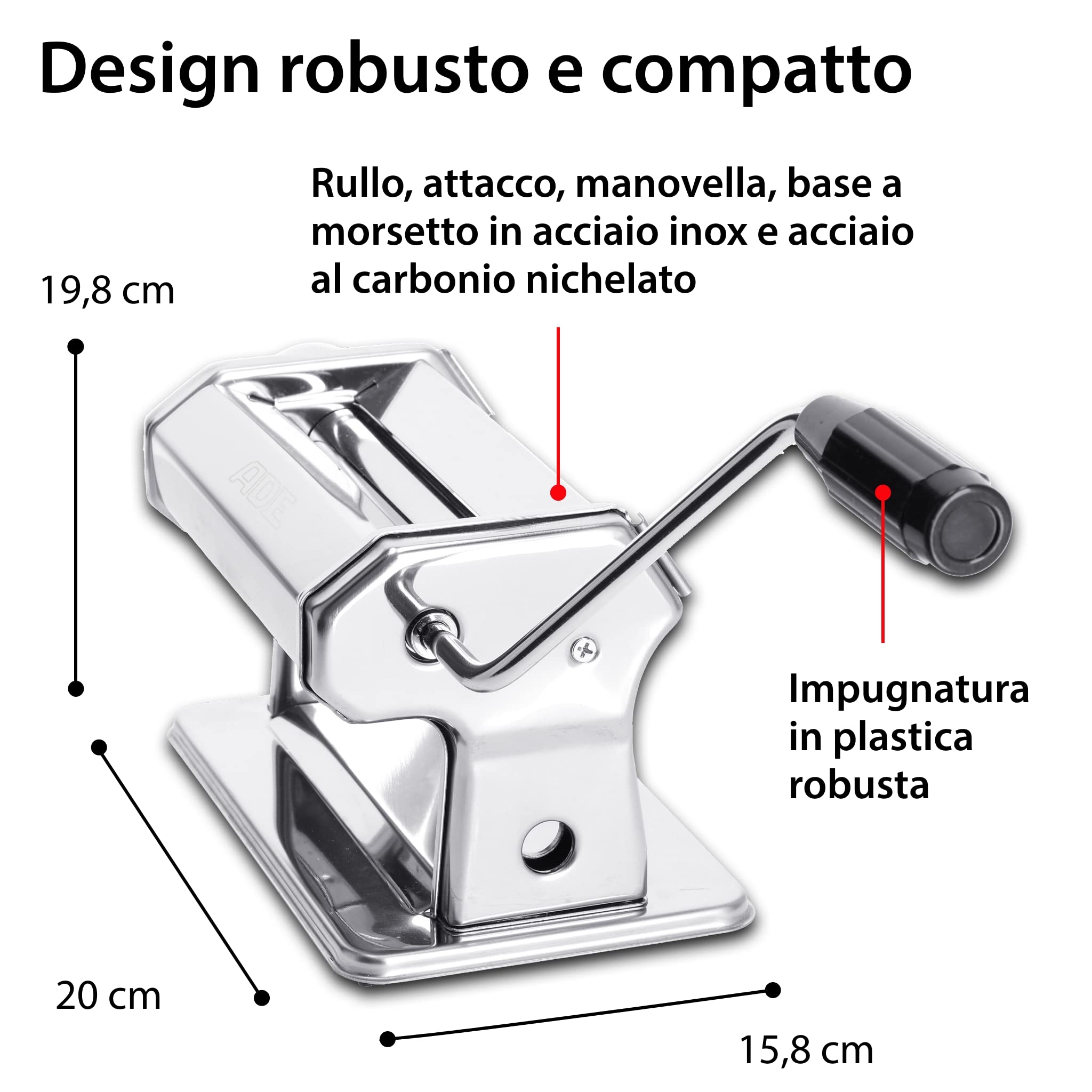 ADE Macchina per pasta manuale di alta qualità | 7 spessori di pasta per lasagne spaghetti fettucine | extra: Asciugatrice e spazzola per la pulizia della pasta | Macchina per la pasta in acciaio inox