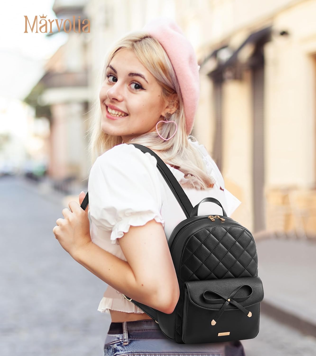 Marvolia Mini Backpack for Women and Girls - Leather Backpack with Cute Bowknot Quilted Small Backpacks for Shopping Travel School - Black - Image 3