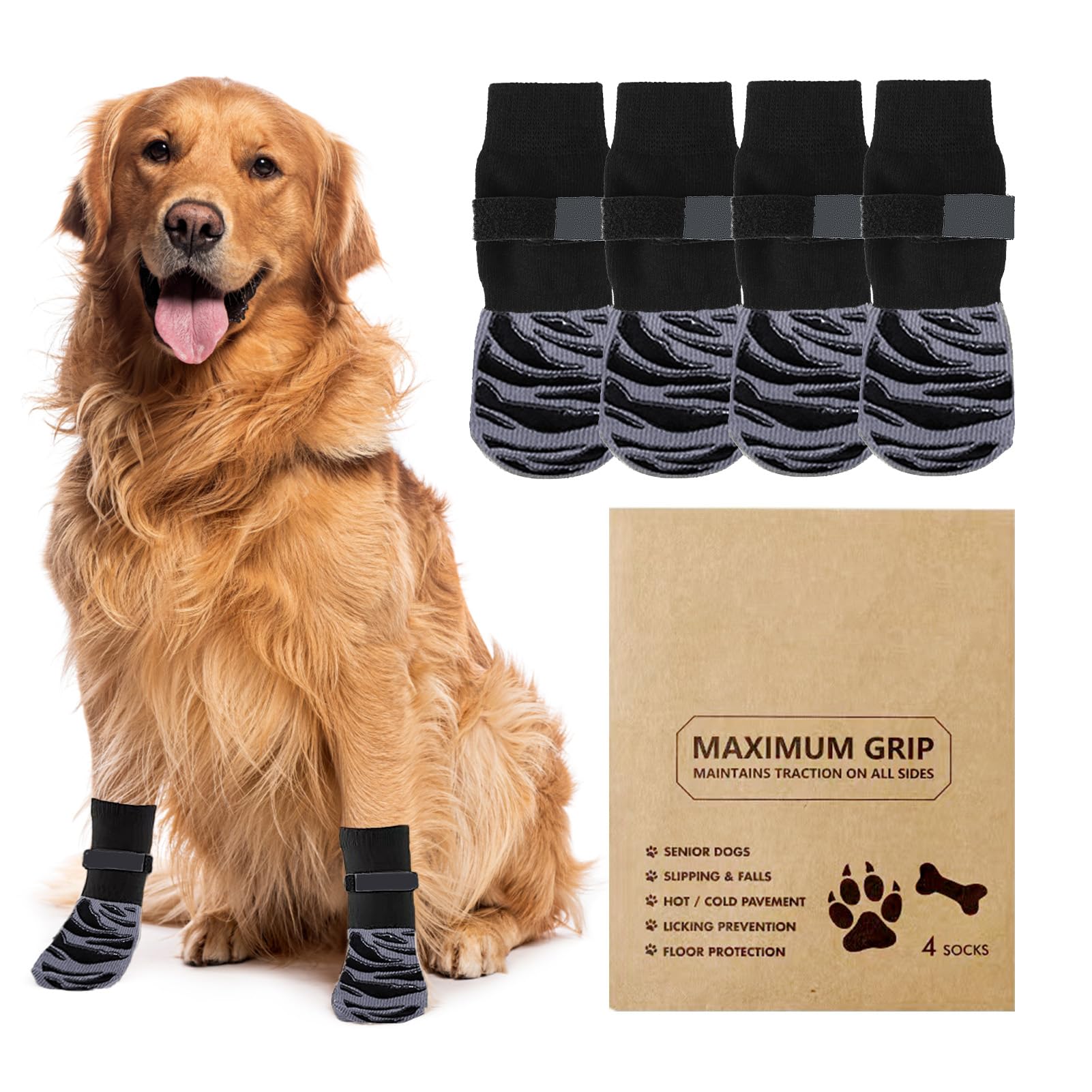 Anti Slip Dog Socks Paws Stop Licking, 2 Pairs Dog Boots Protector Socks with Adjustable Strap, Breathable Cotton Dogs Boot Shoes, Protect Injured Paws, Ideal for Indoor Outdoor Hardwood Tile Floors